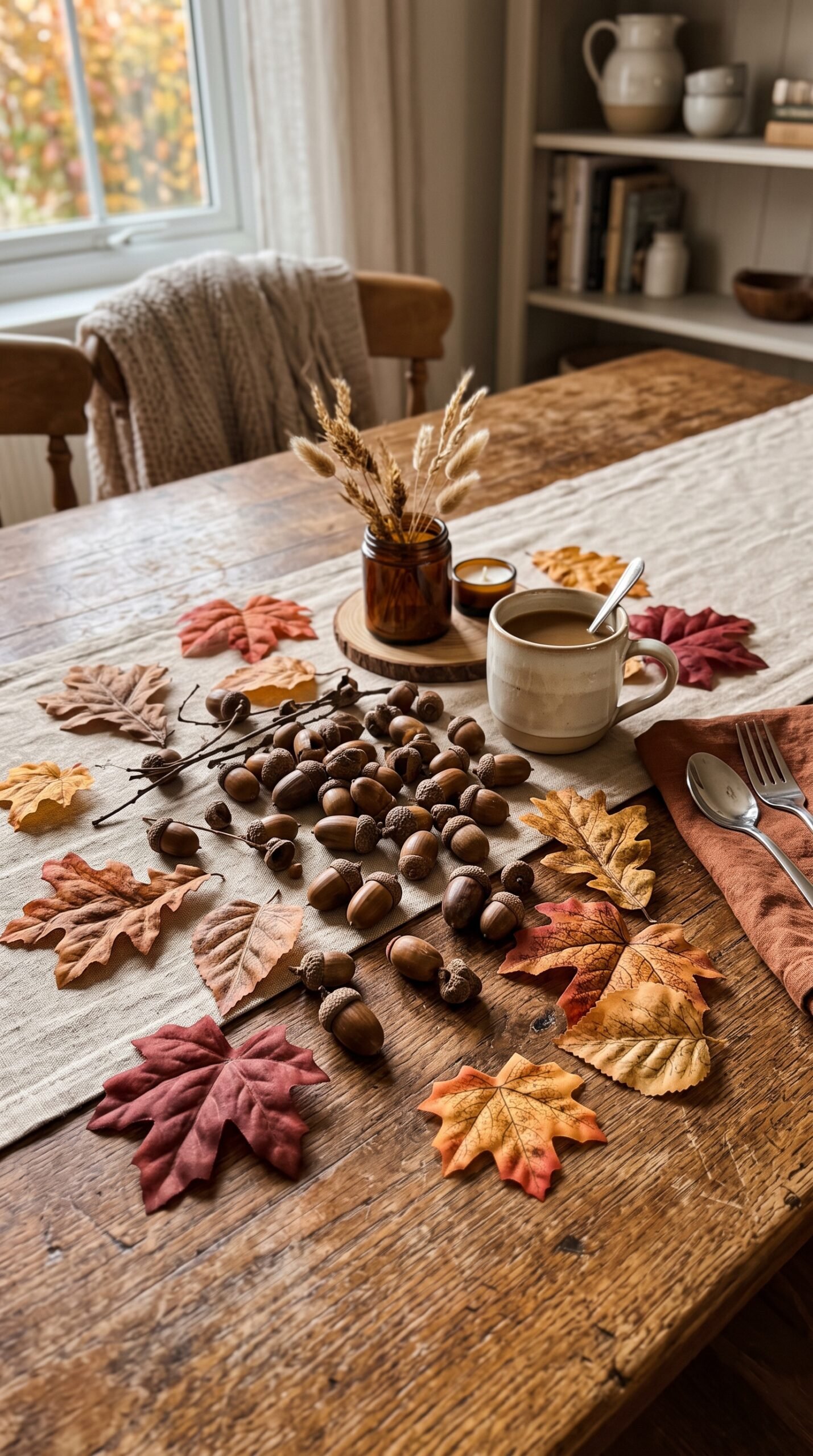 acorns and faux leaves scattered on a dining table