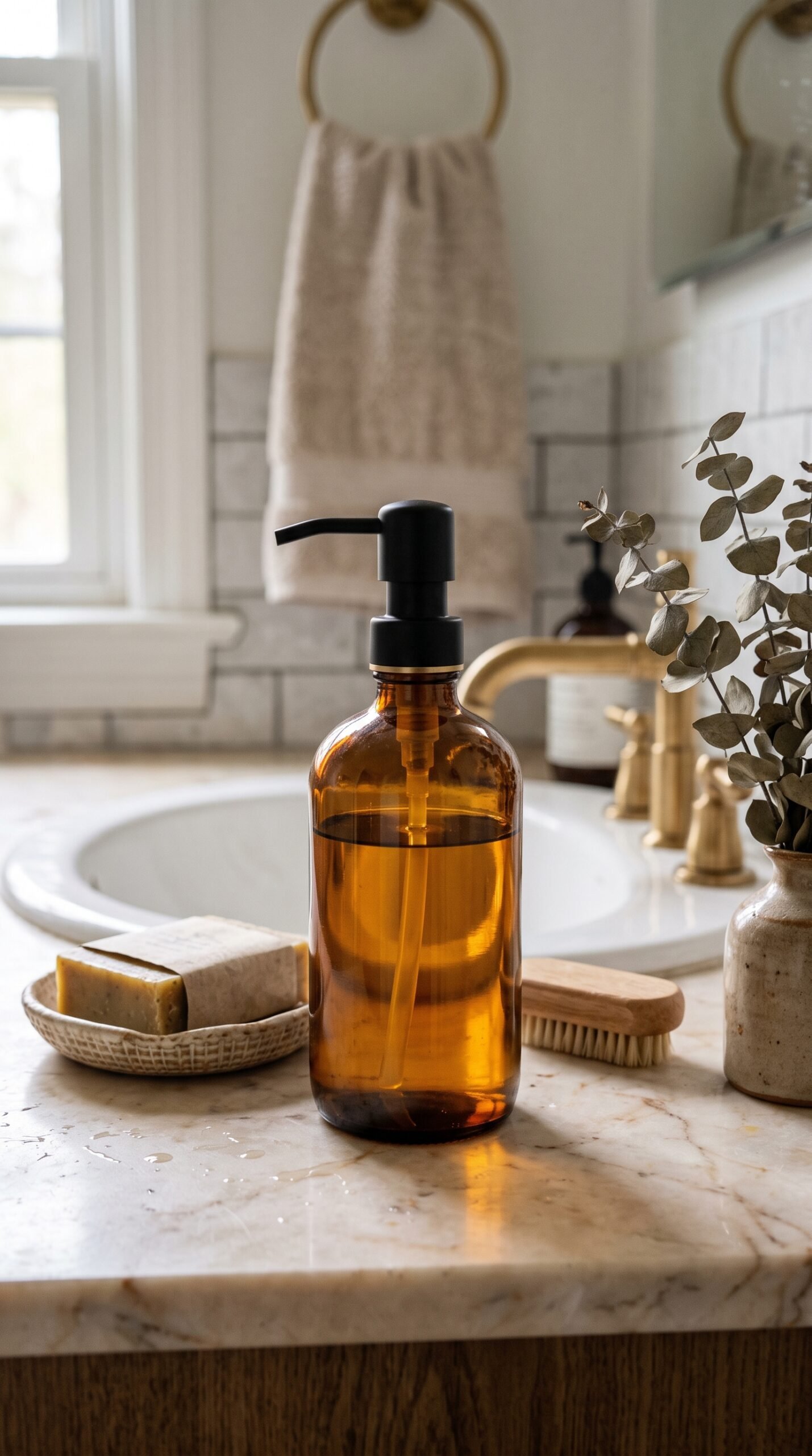 amber glass soap dispenser on a bathroom counter