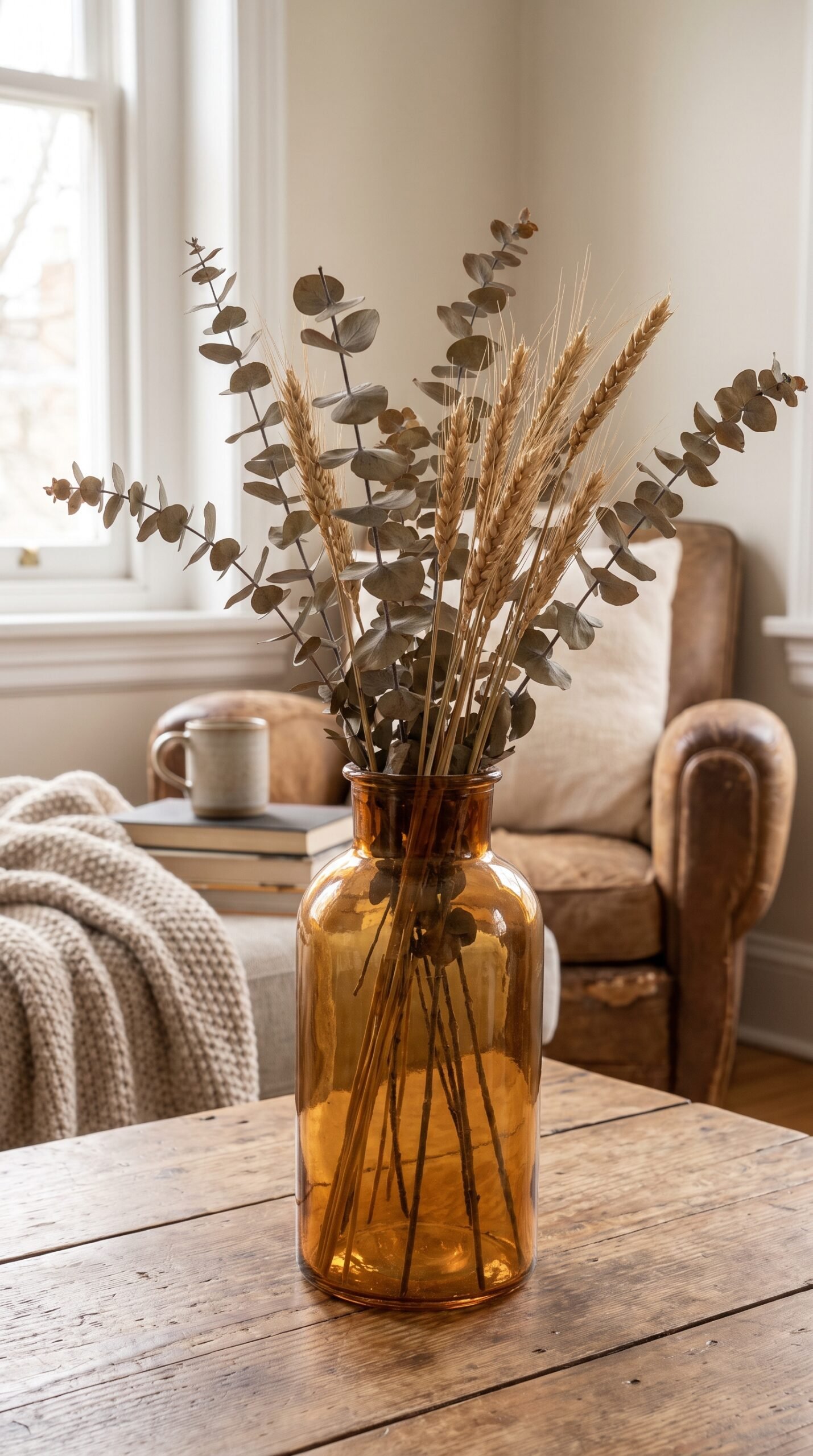 amber glass vase with dried stems on a coffee table