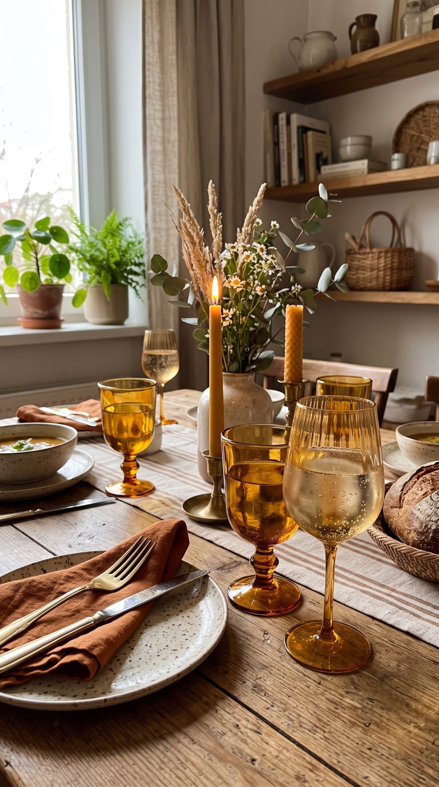 amber tinted glassware on a set dining table