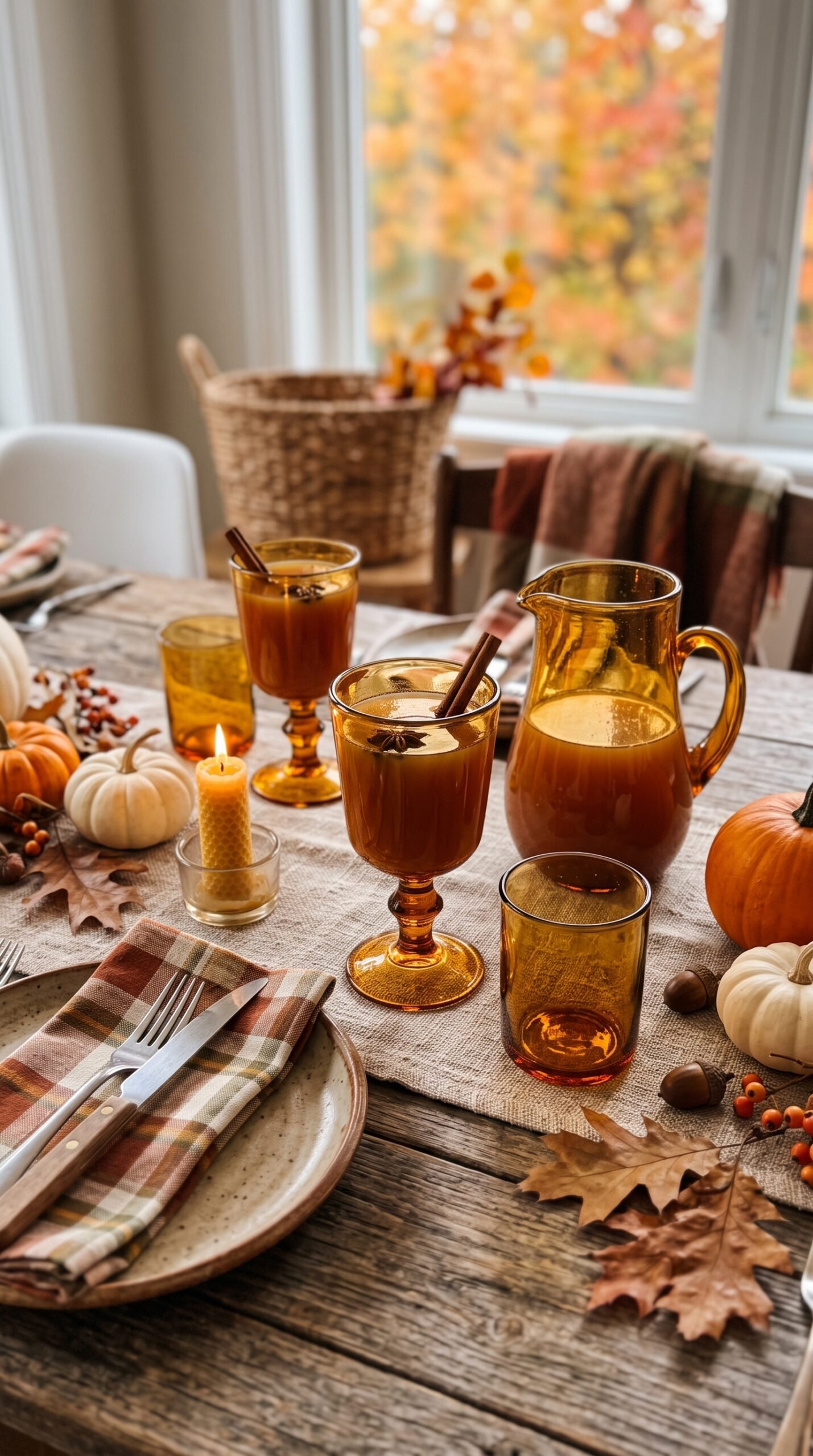 amber glassware on a fall table