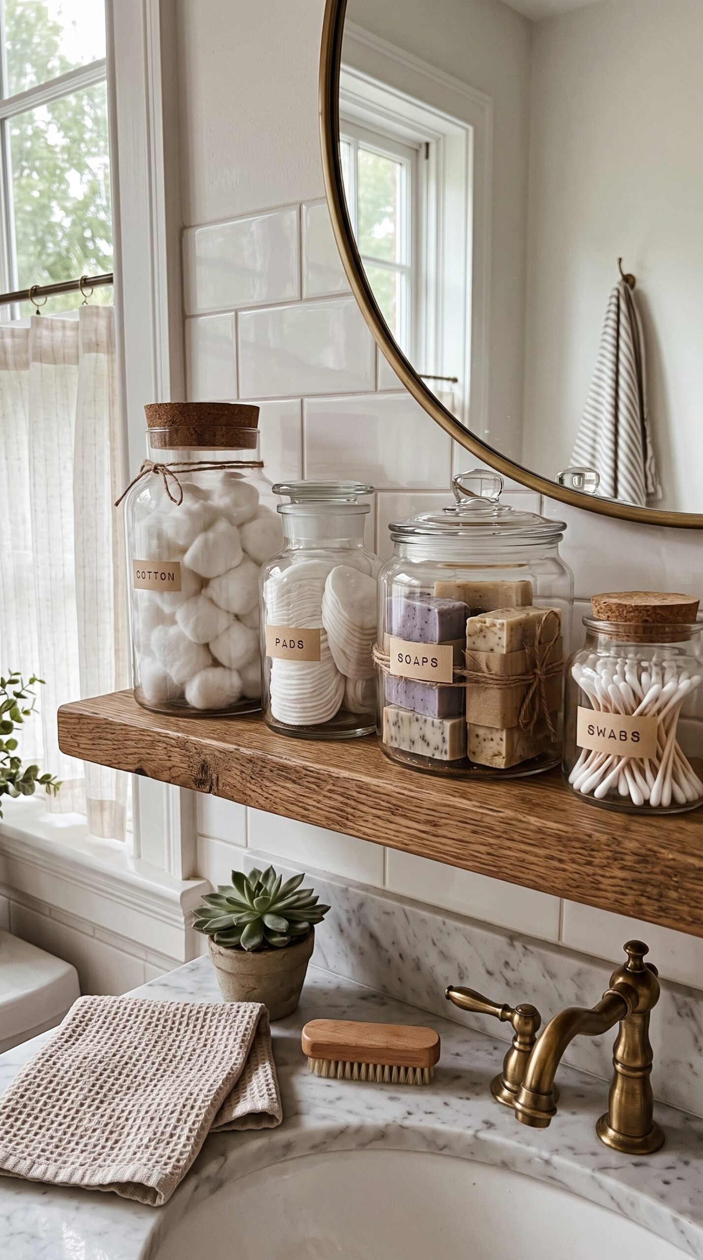 apothecary jars with cotton and soaps in a bathroom