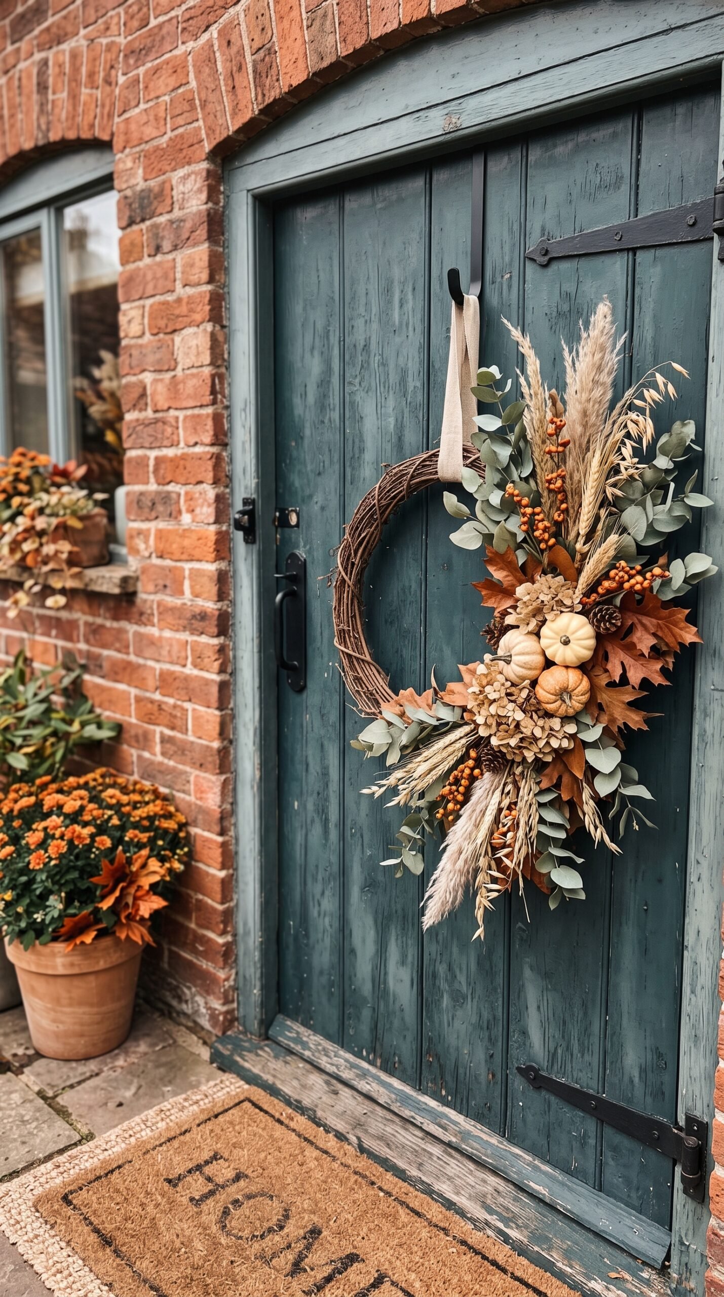 asymmetrical modern fall wreath on a door