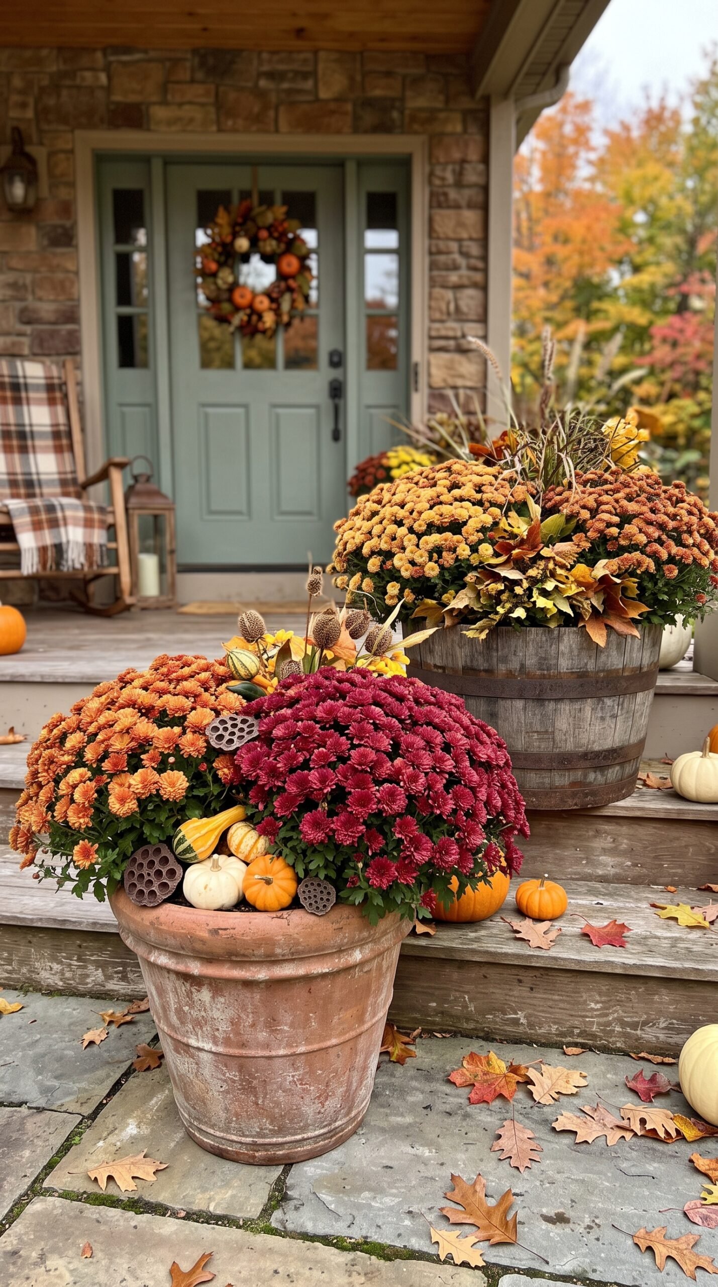 autumn mums in large outdoor planters