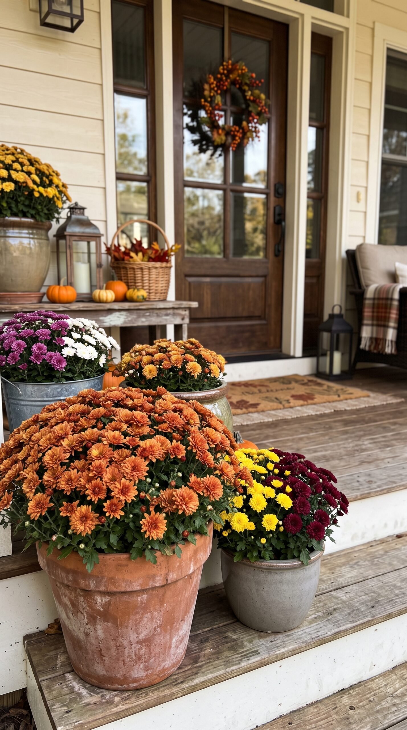 autumn mums in porch planters