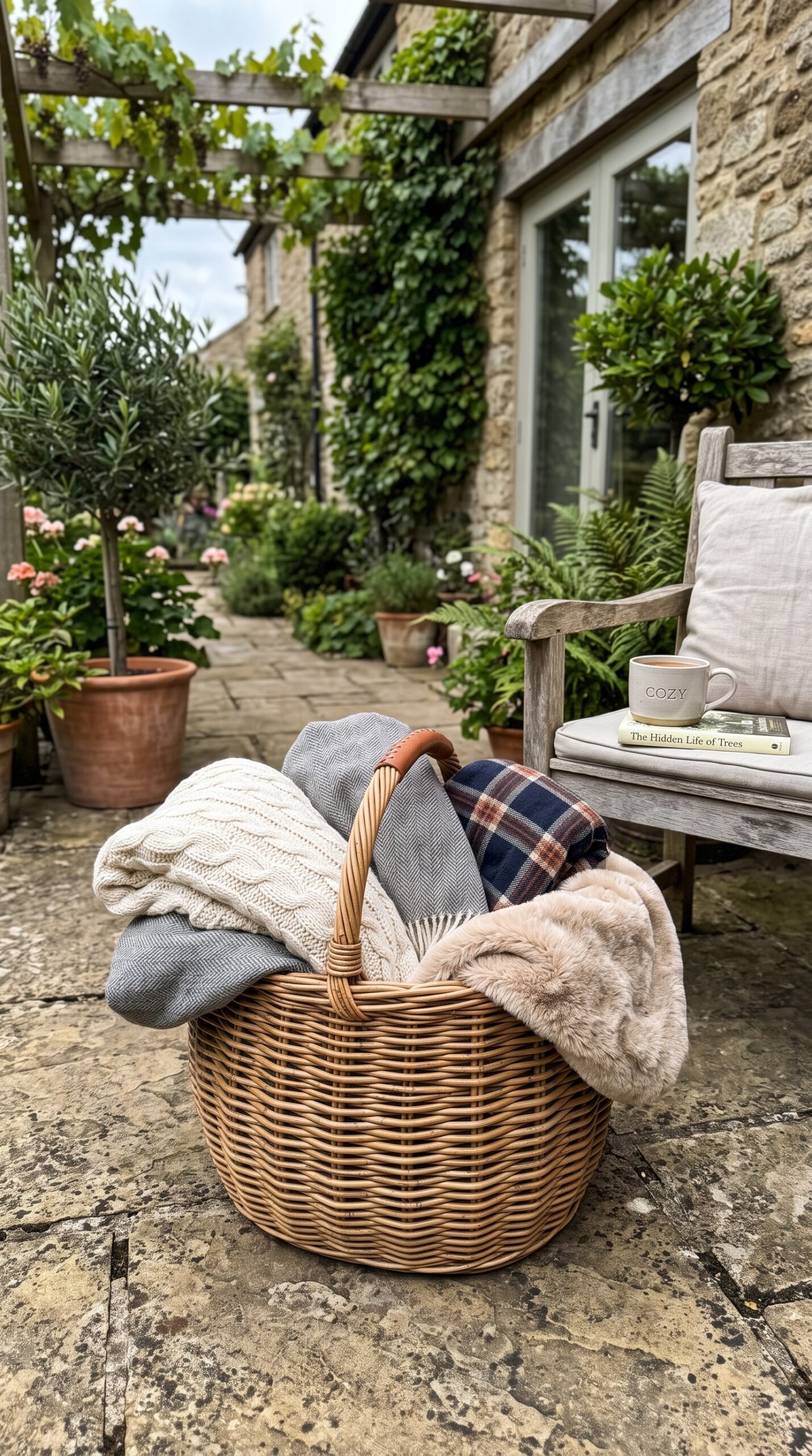 basket of blankets on a patio