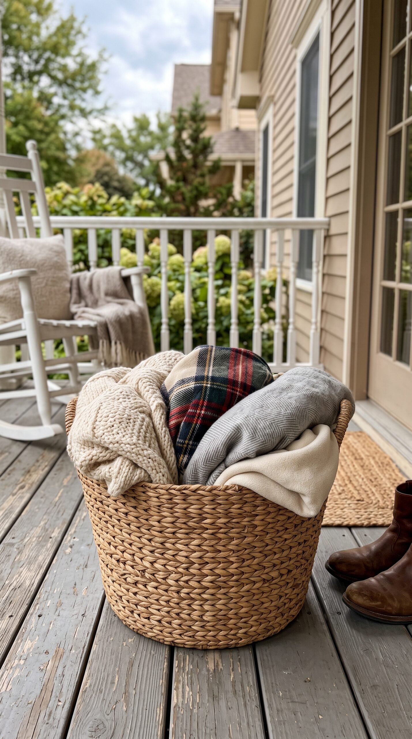 basket of blankets on a porch
