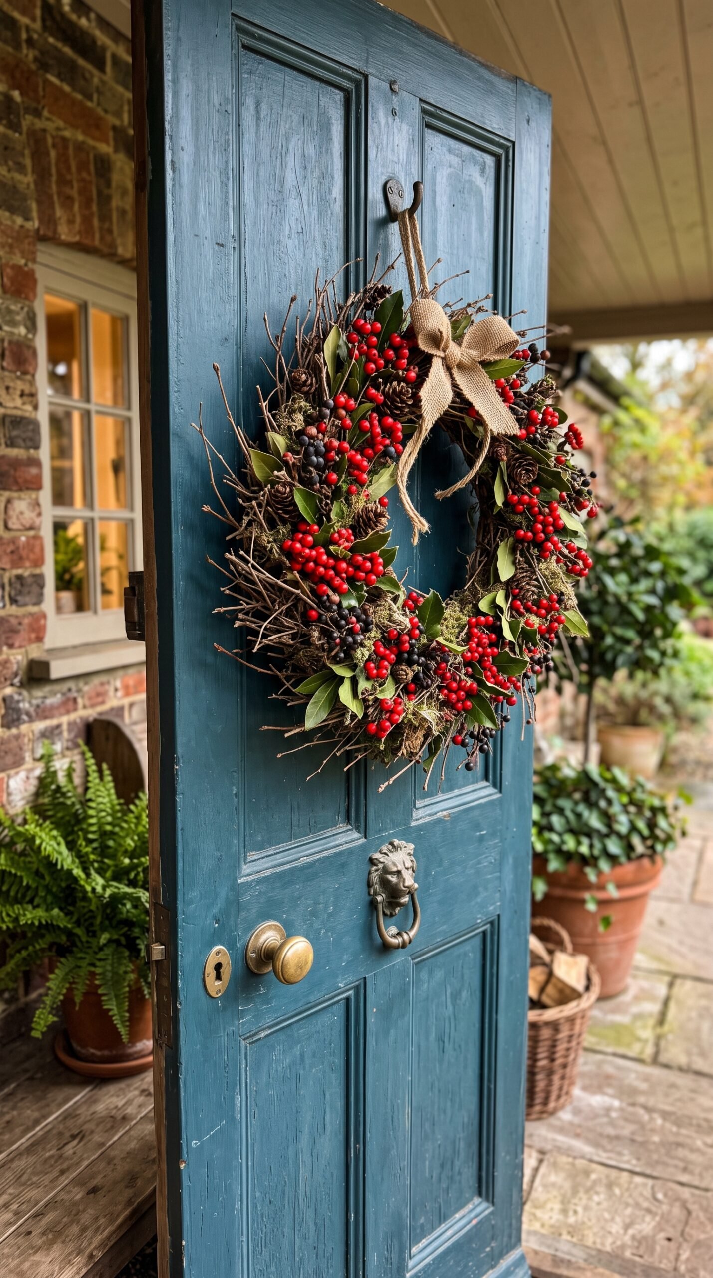 berry and twig wreath on a door