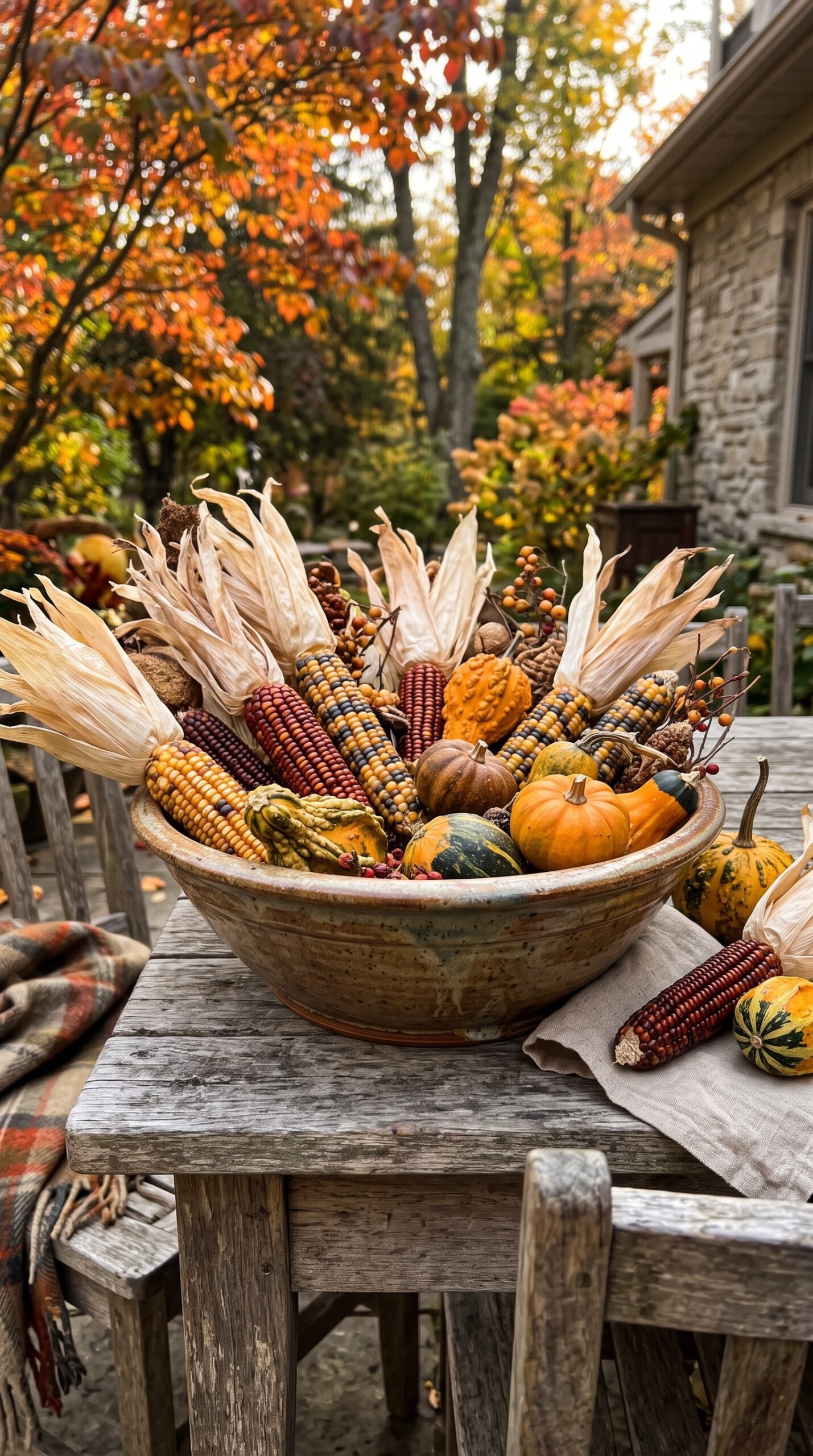bowl of dried corn and gourds outdoors