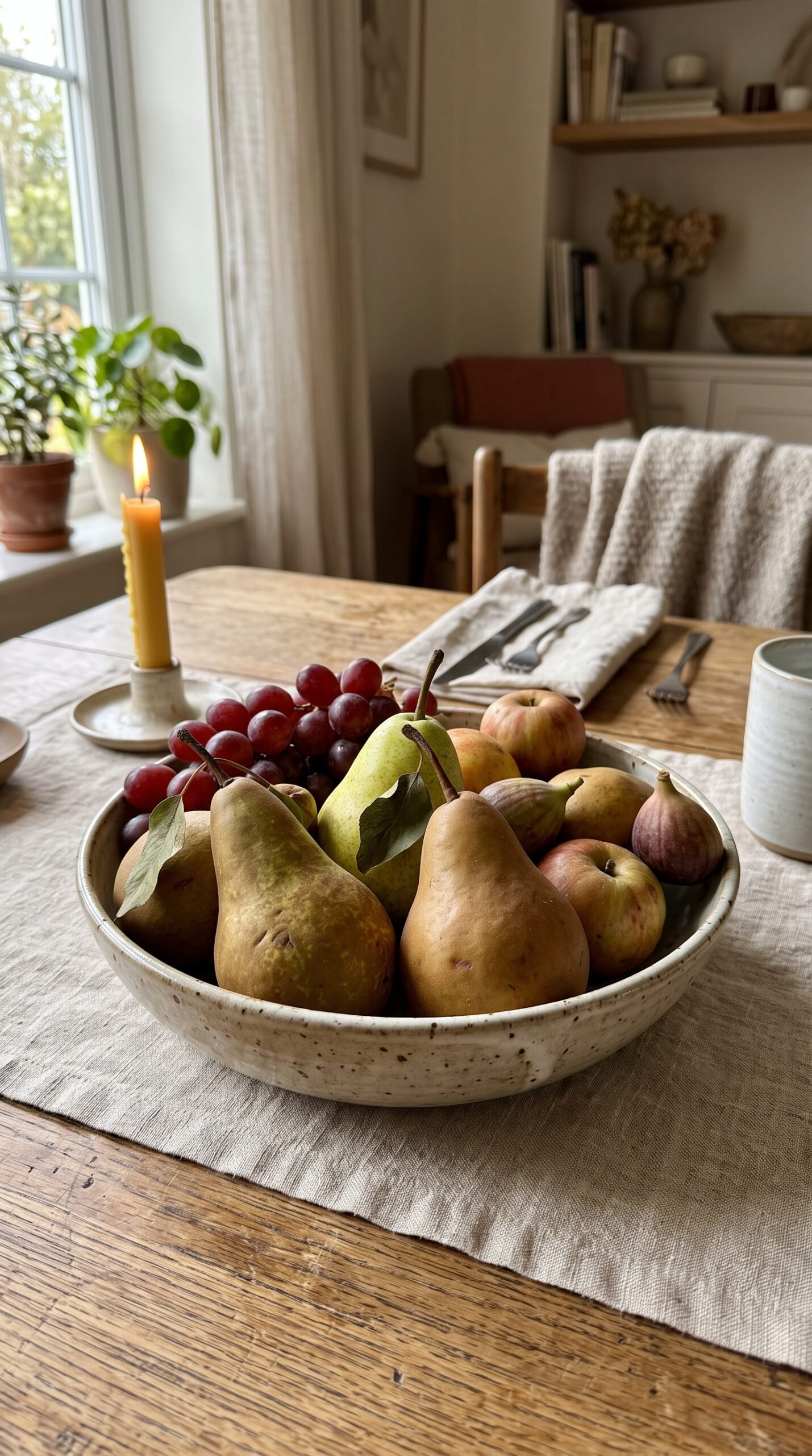 bowl of seasonal fruit like pears on a dining table