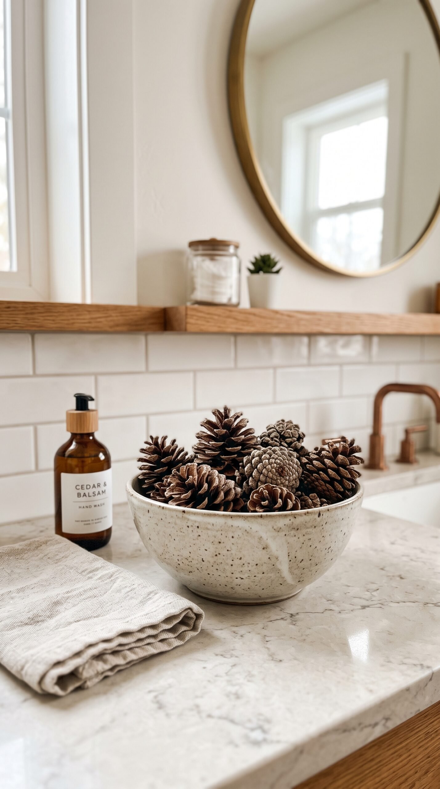 bowl of pinecones on a bathroom counter