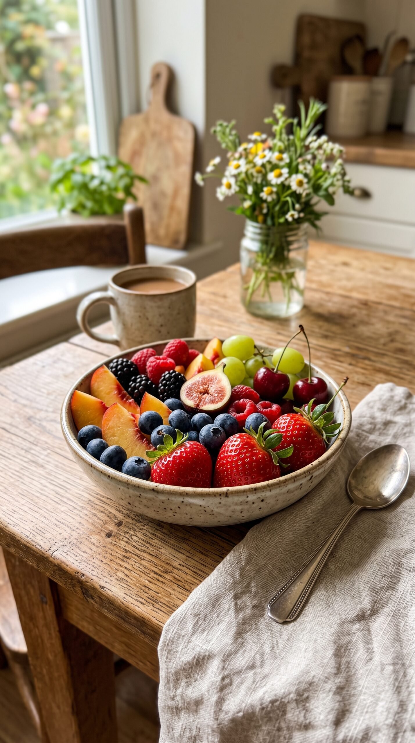 bowl of seasonal fruit on a table