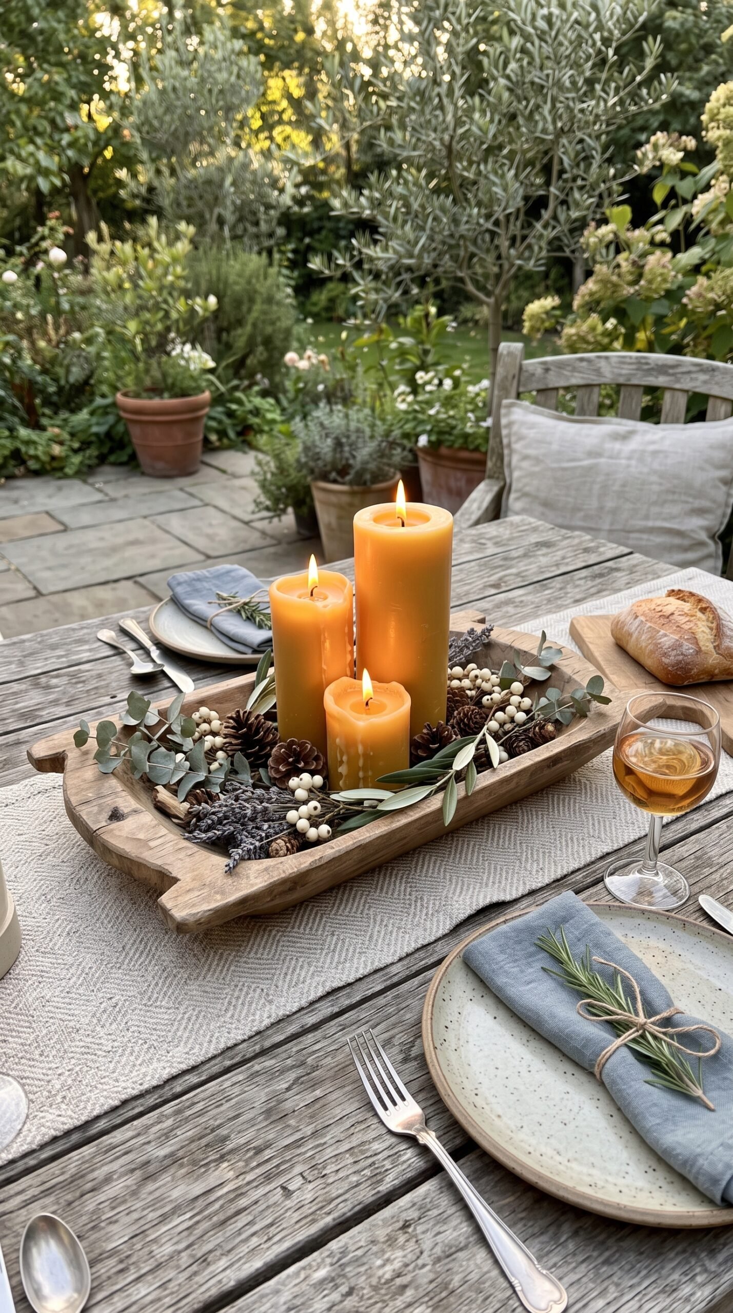 candle centerpiece on an outdoor dining table