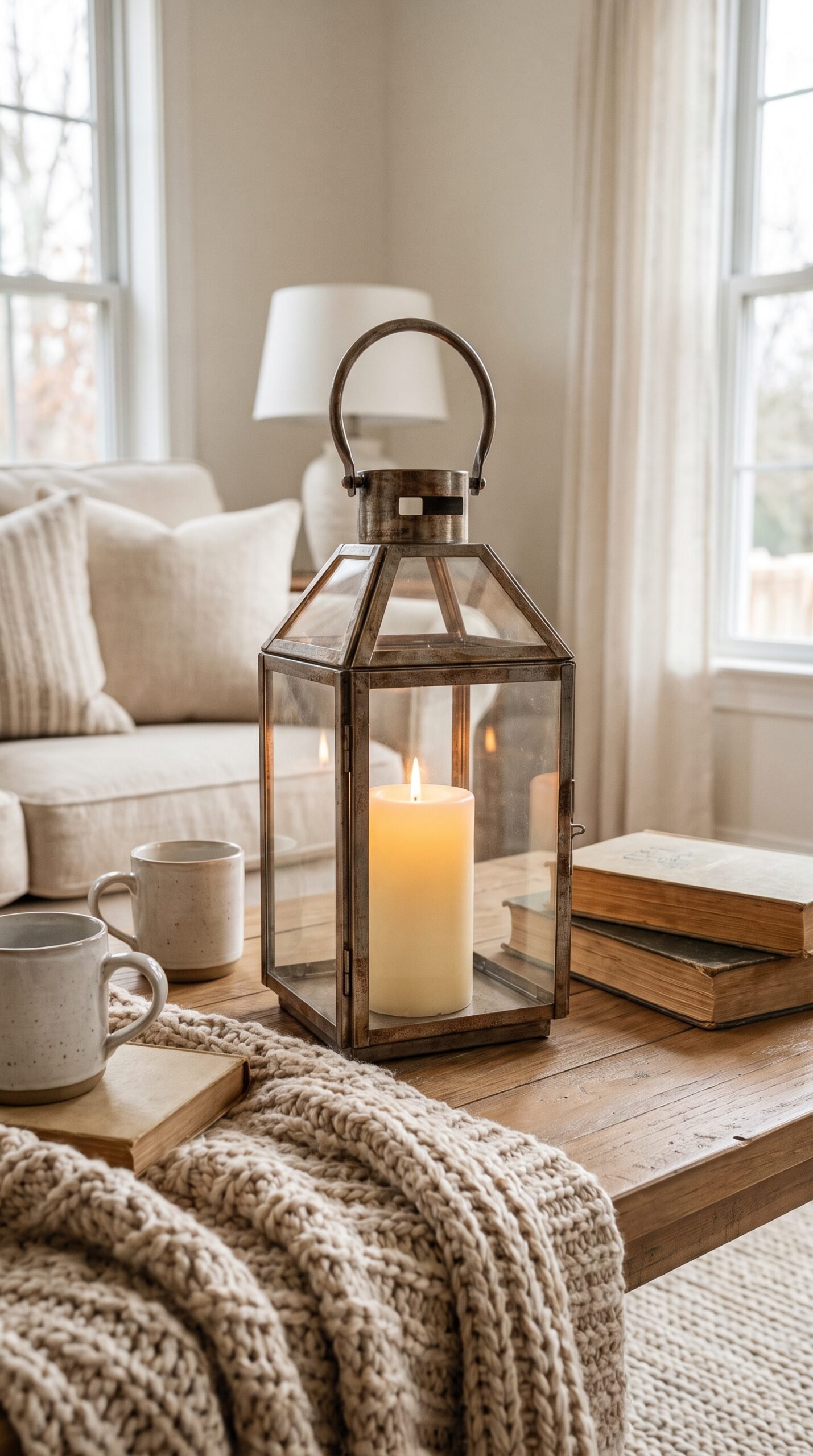 candle lantern as a coffee table centerpiece