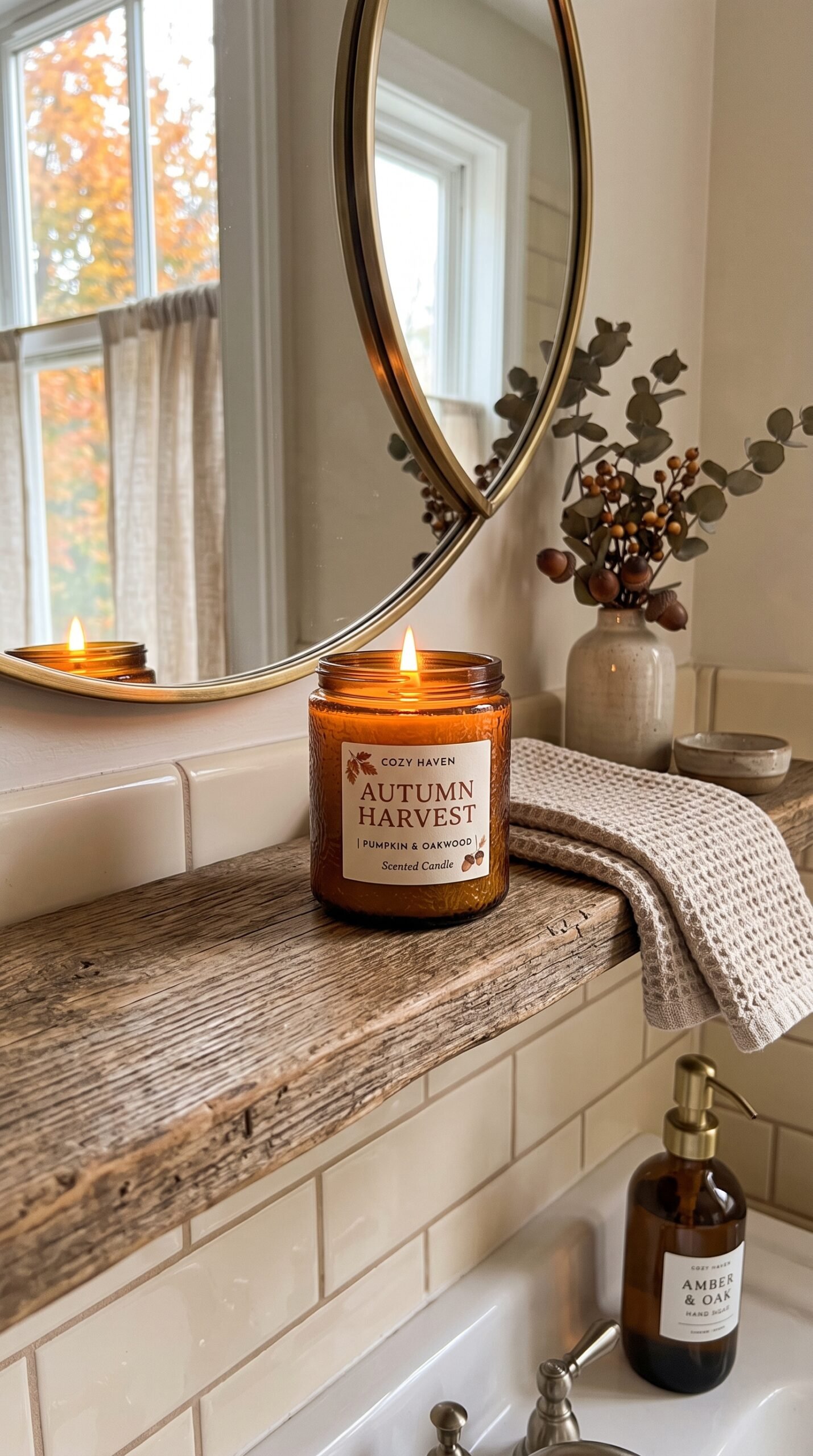fall scented candle on a bathroom shelf