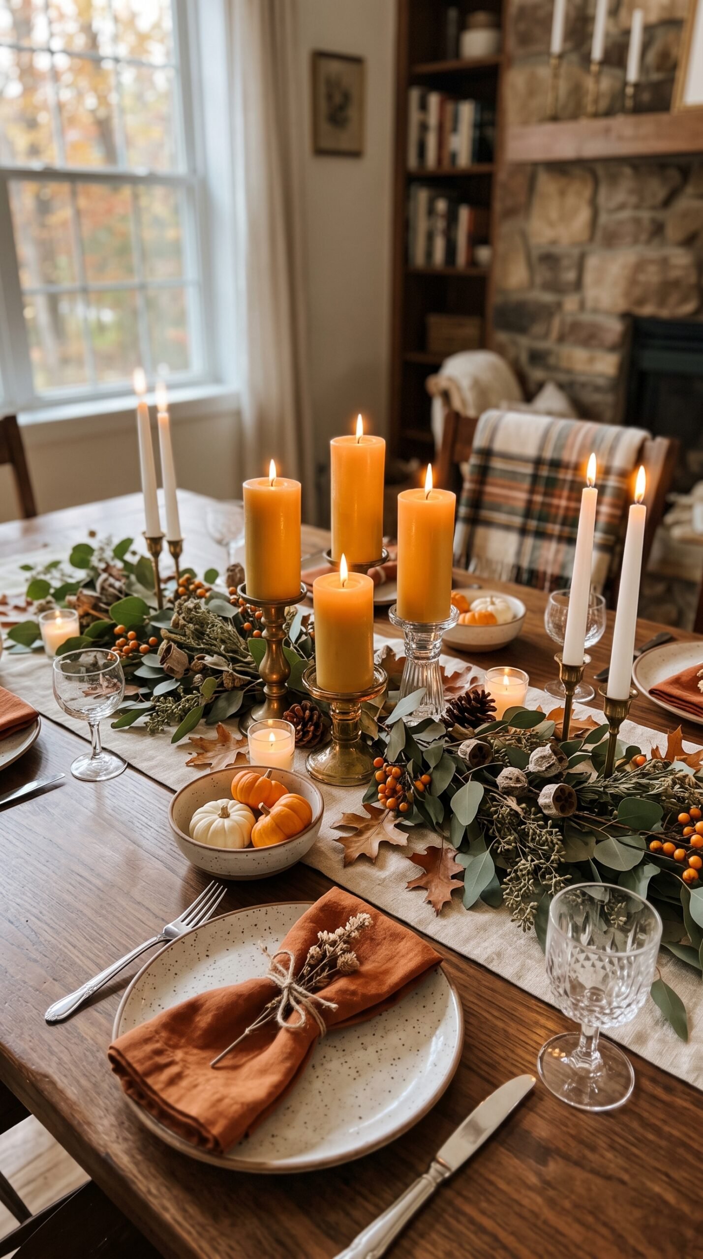 candles and greenery finishing a fall dining table