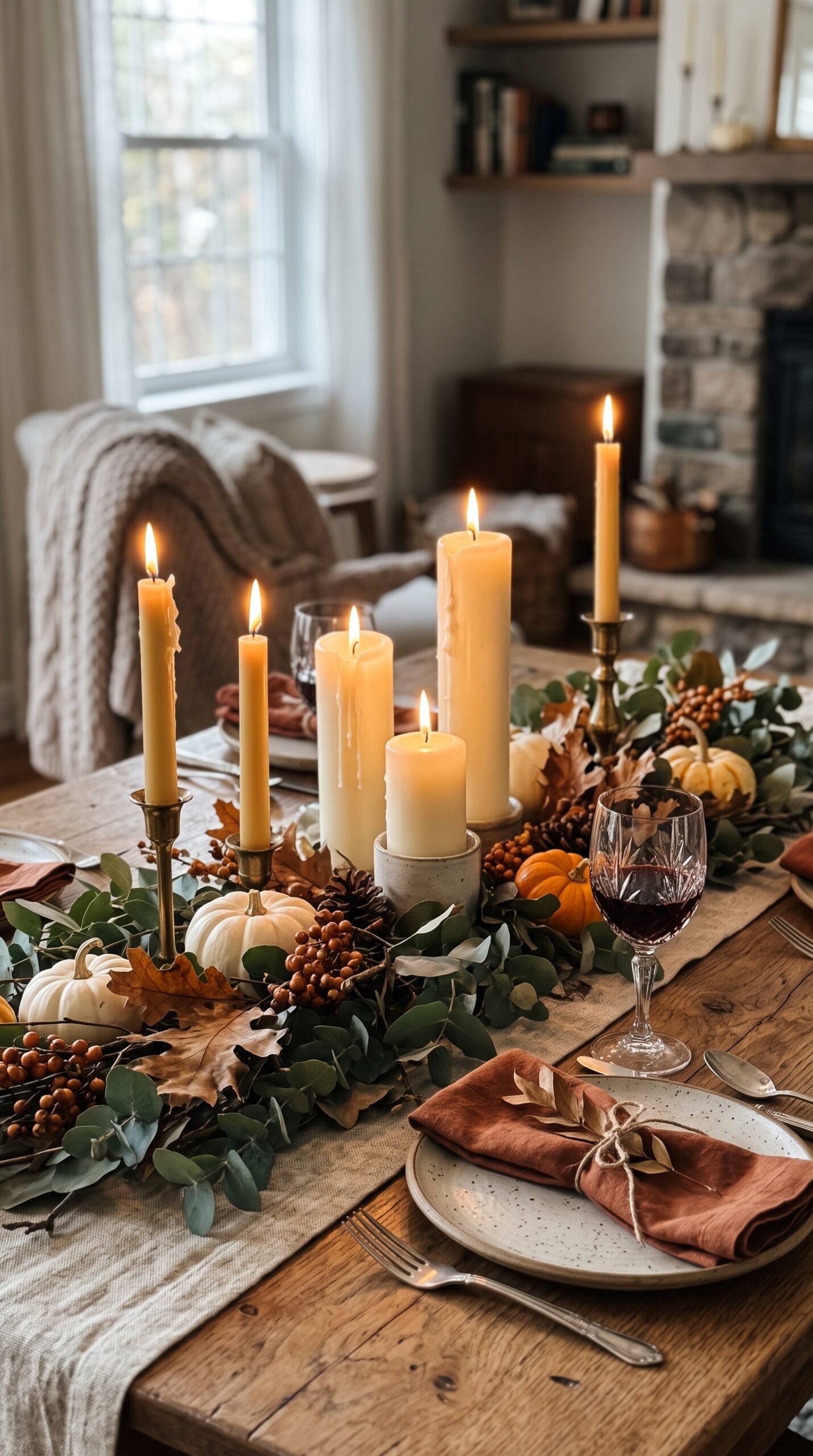 candles and greenery on a fall table