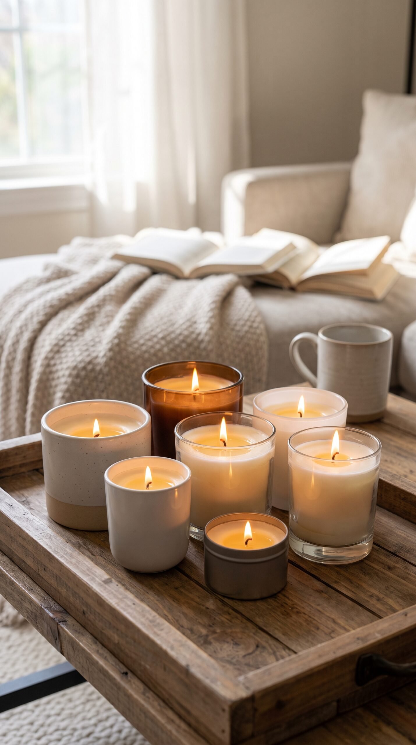 cluster of scented candles on a coffee table tray