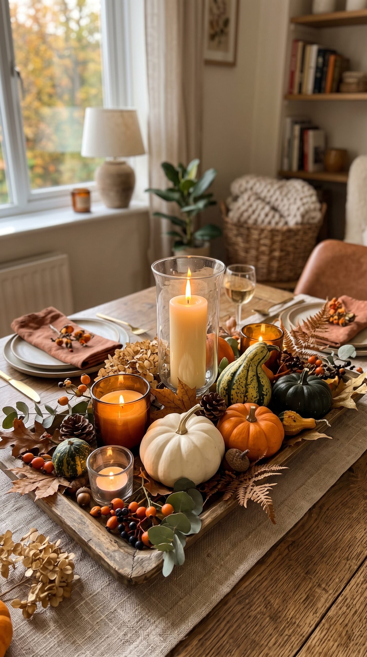 low centerpiece of pumpkins and candles on a dining table