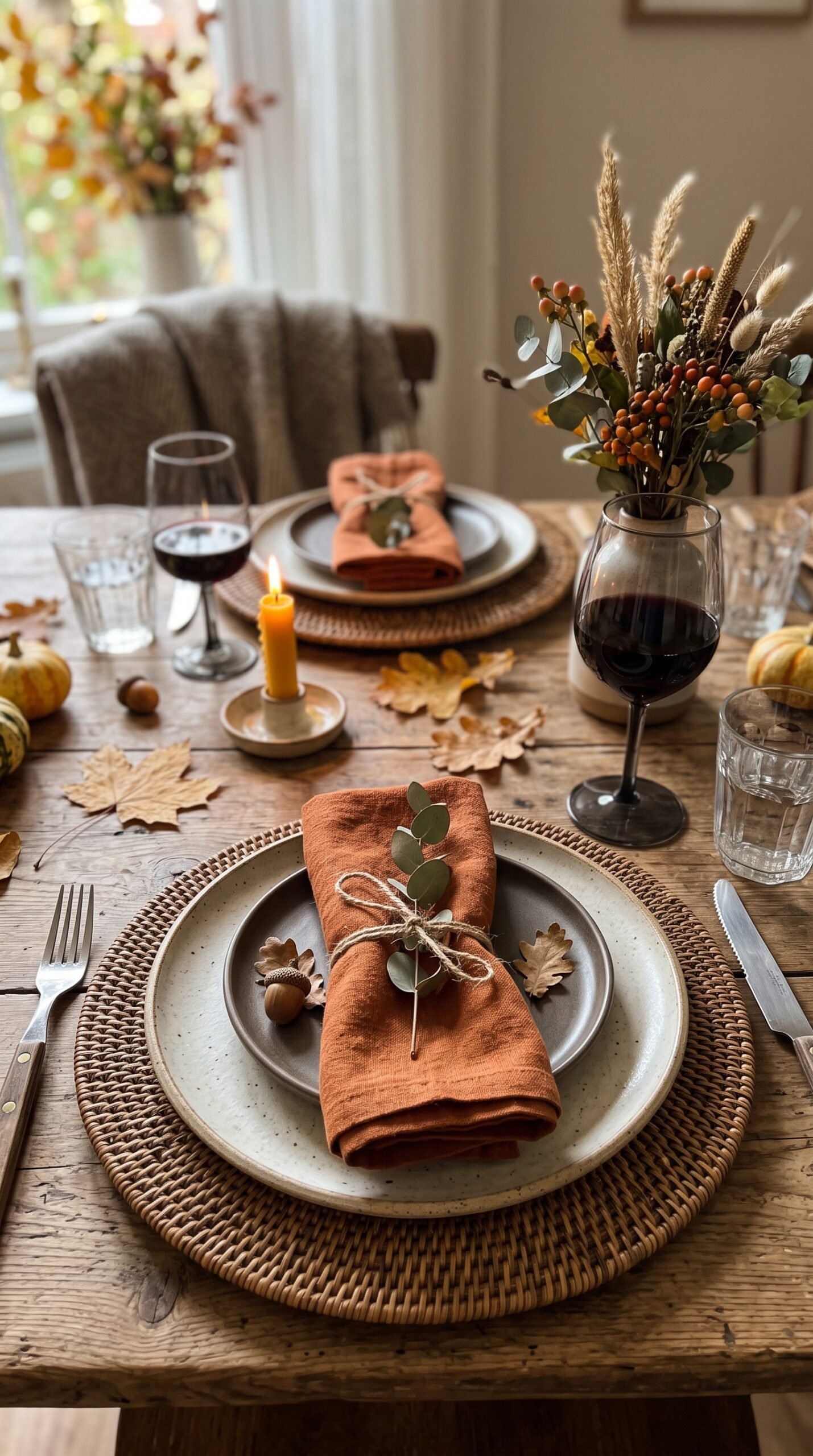 textured chargers and plates on a fall table