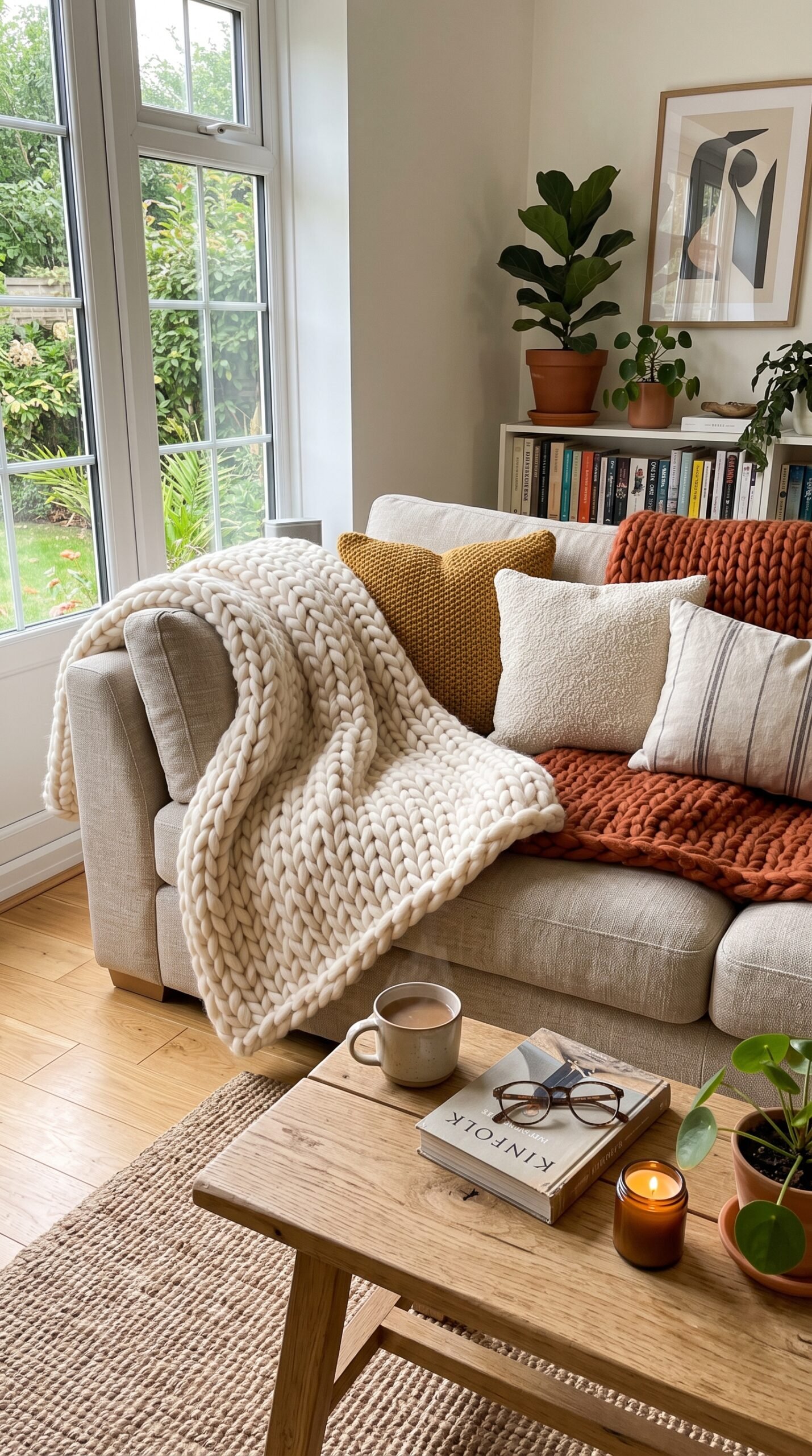 chunky knit blankets in a living room