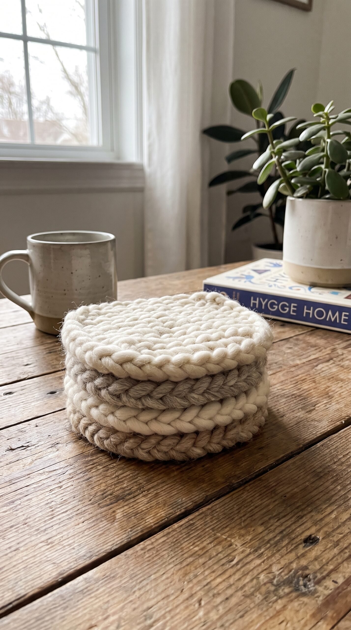 chunky knit coasters stacked on a coffee table