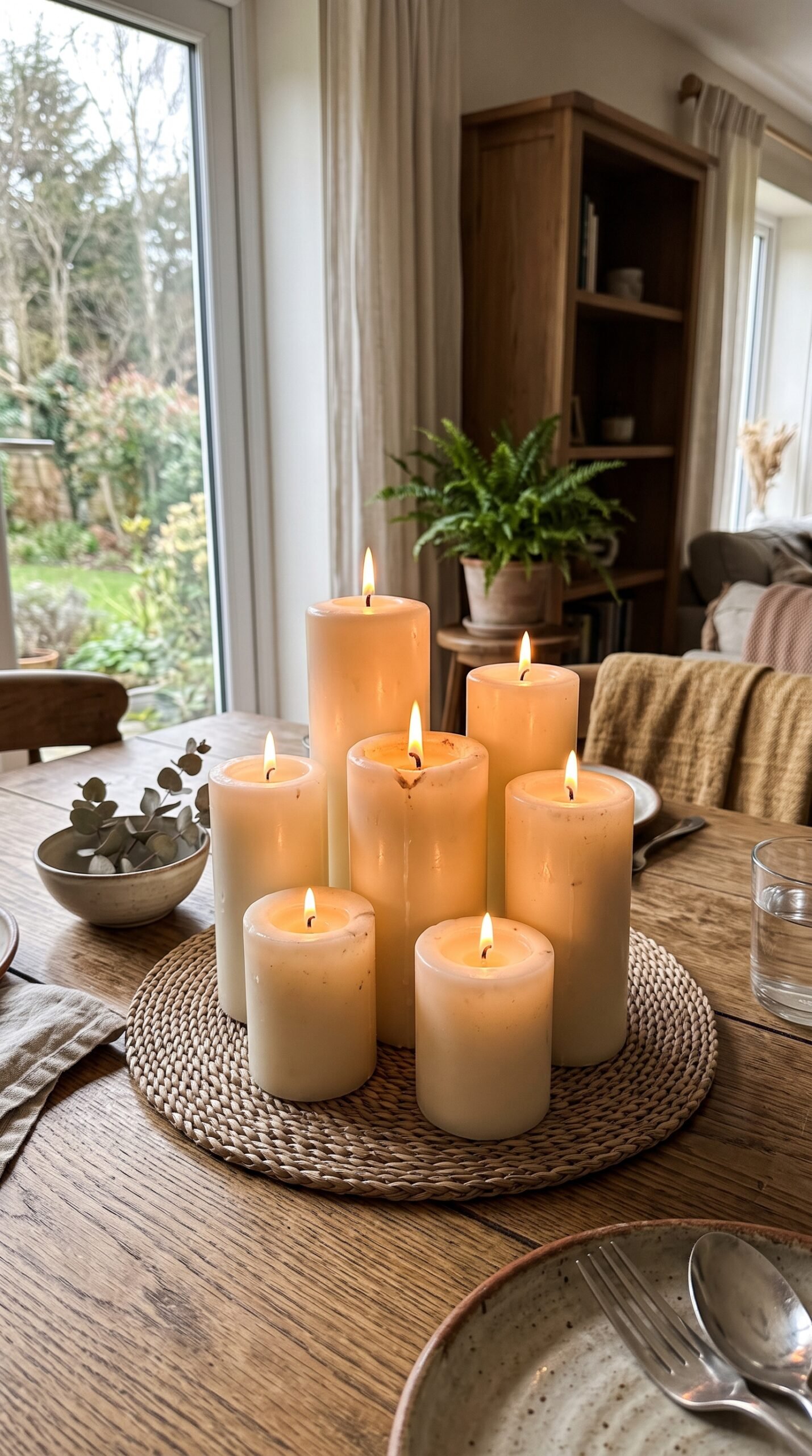cluster of pillar candles on a dining table