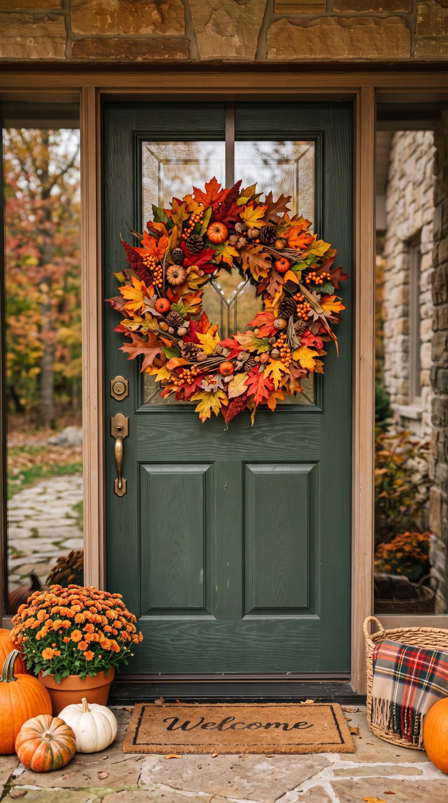 colorful fall leaf wreath on a door