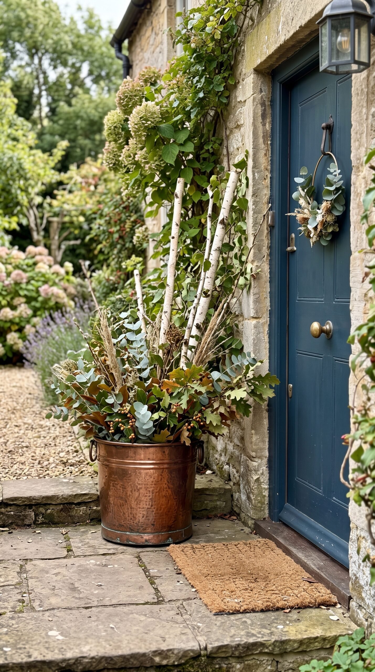 copper bucket with branches by a front door