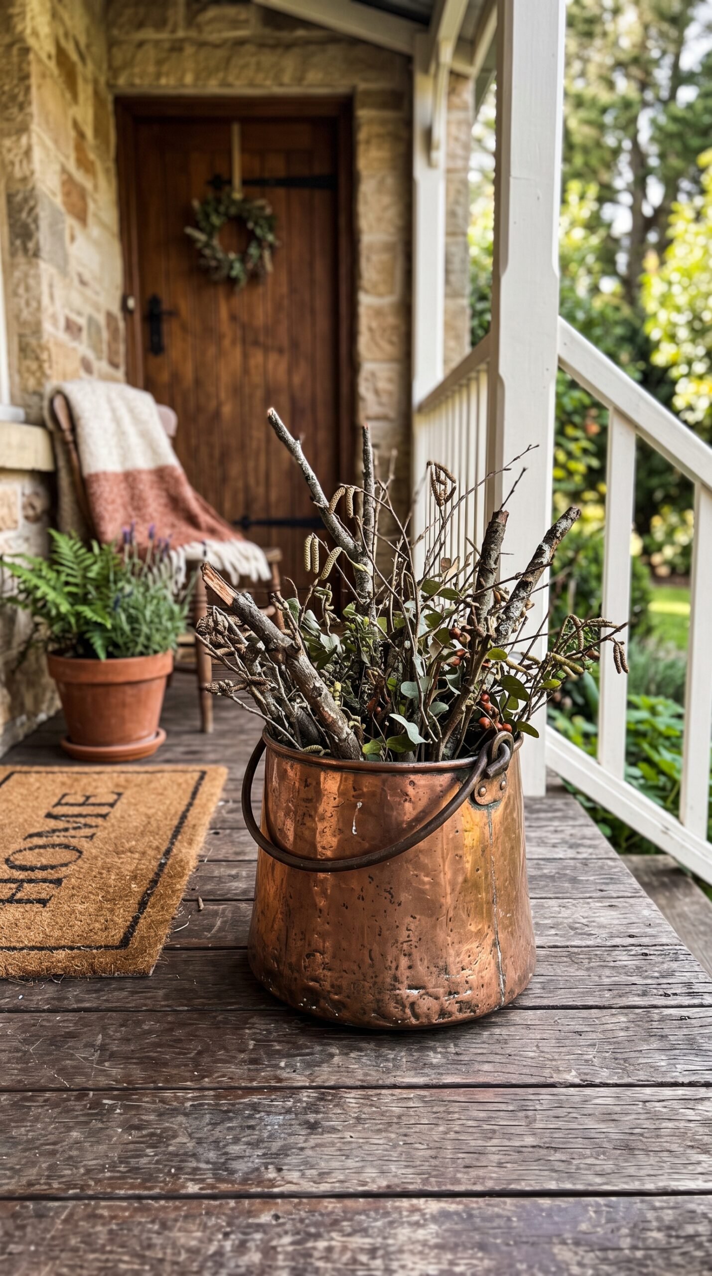 copper bucket with branches on a porch