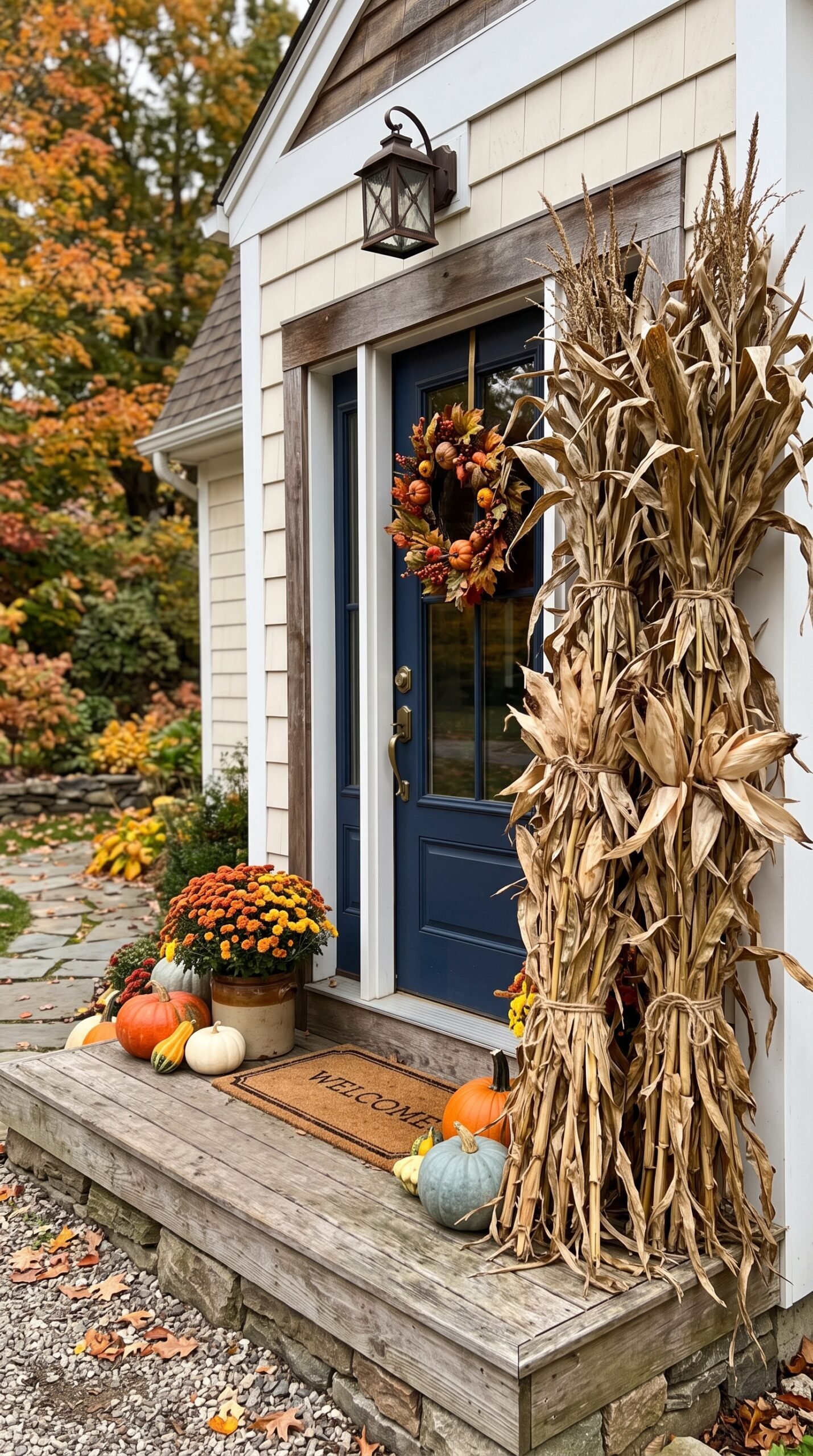 corn stalk bundles beside a front door
