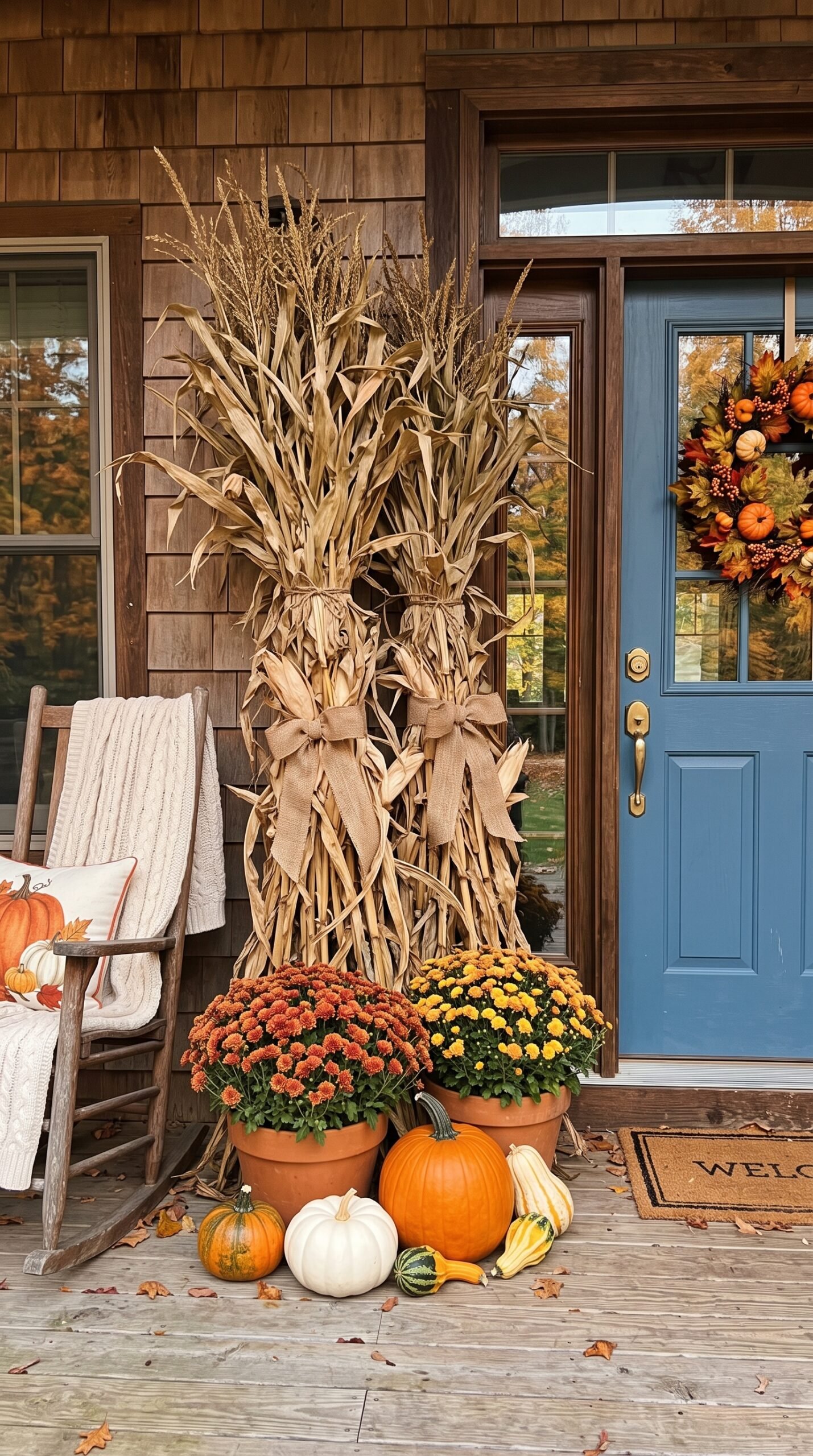 cornstalk bundles on a front porch