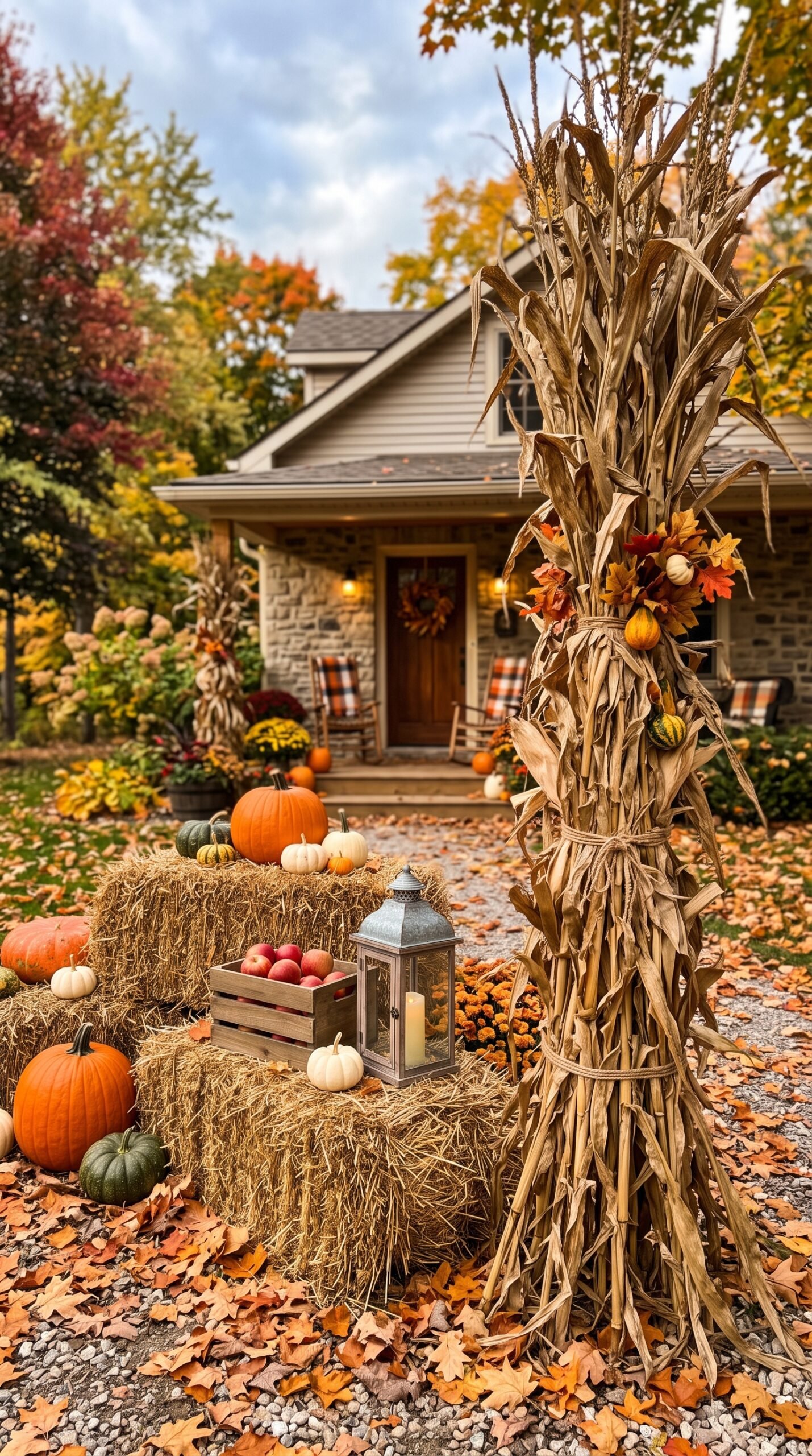 cornstalks and hay bales in a fall yard