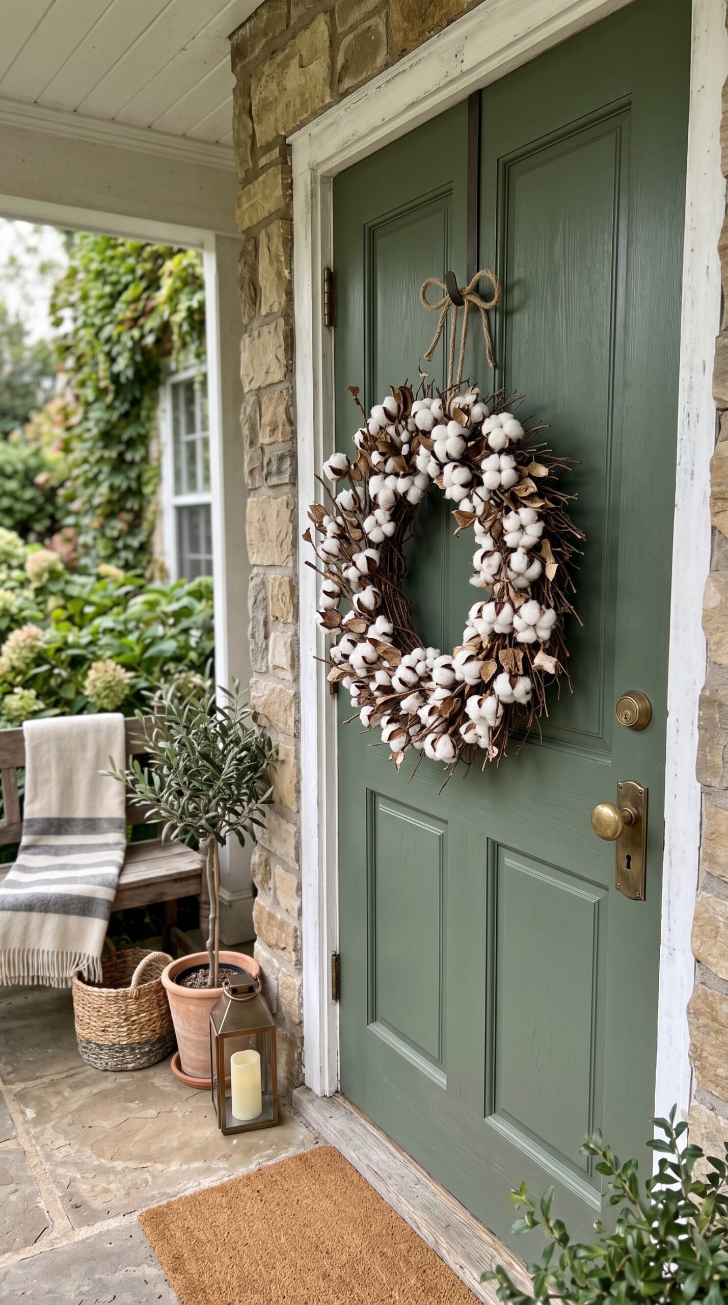 cotton stem wreath on a front door