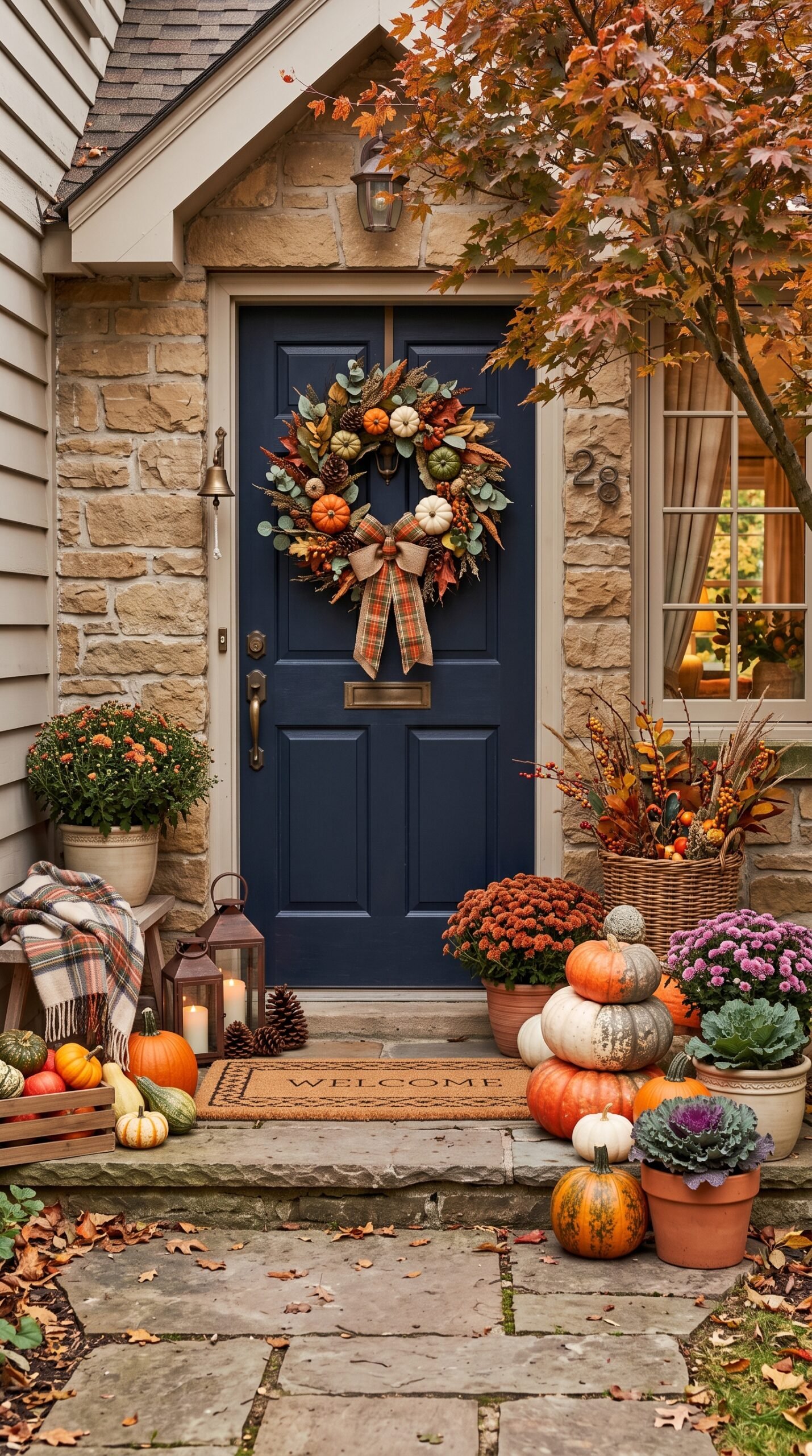 cozy layered fall front door decor