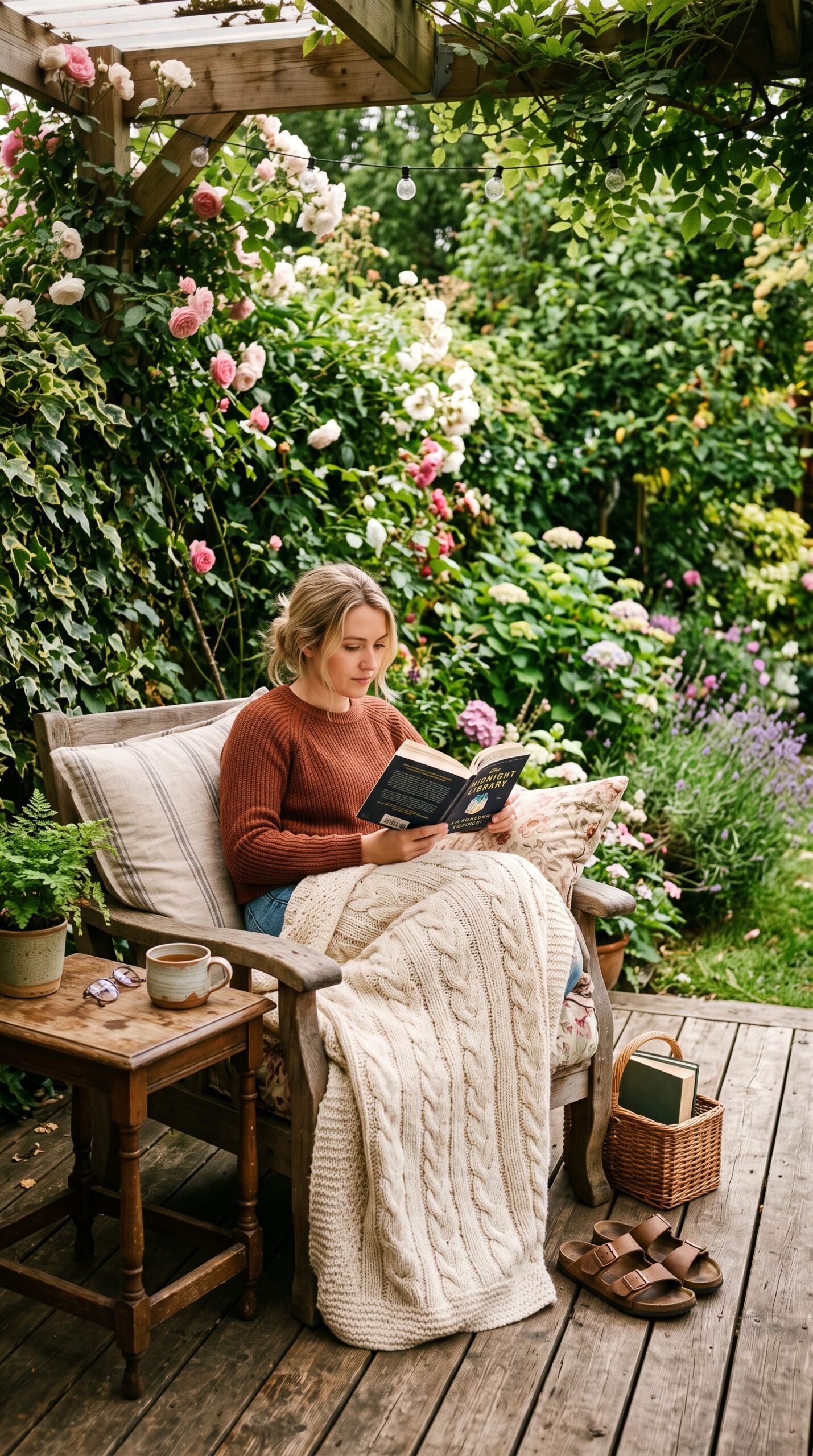 cozy outdoor reading nook with a blanket
