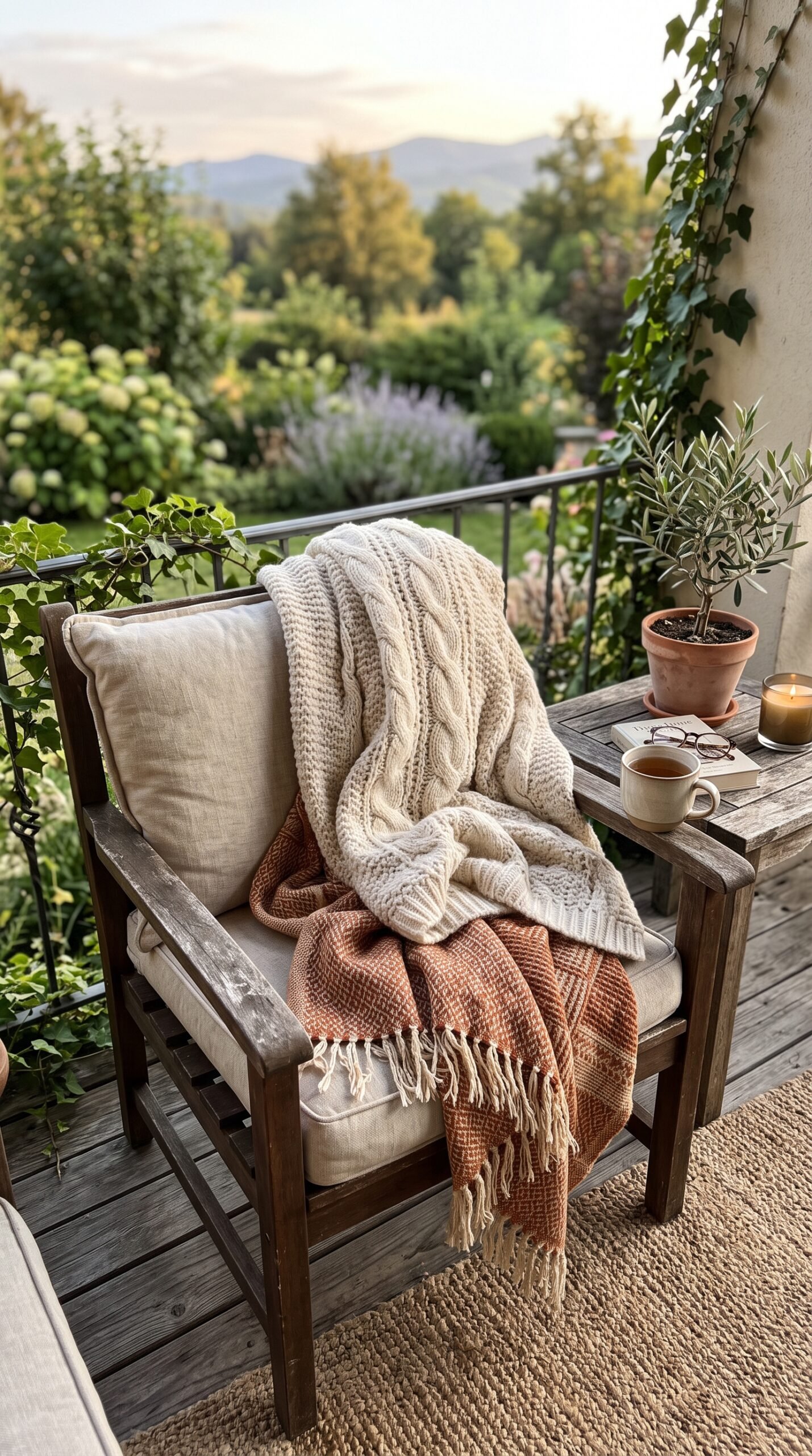 cozy throw blankets on outdoor seating