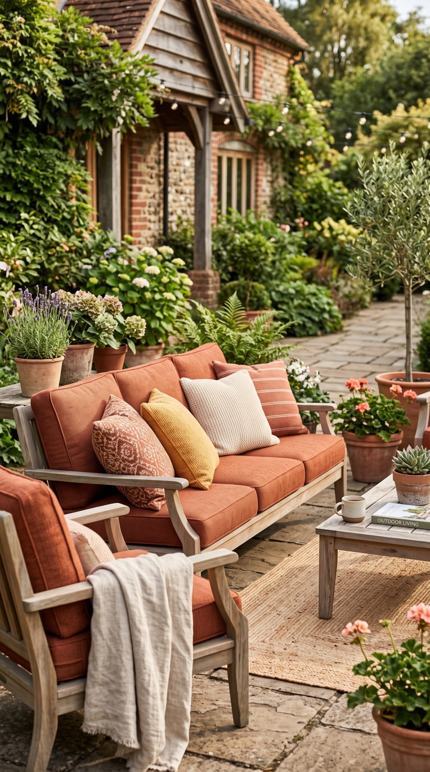warm toned outdoor cushions on patio furniture