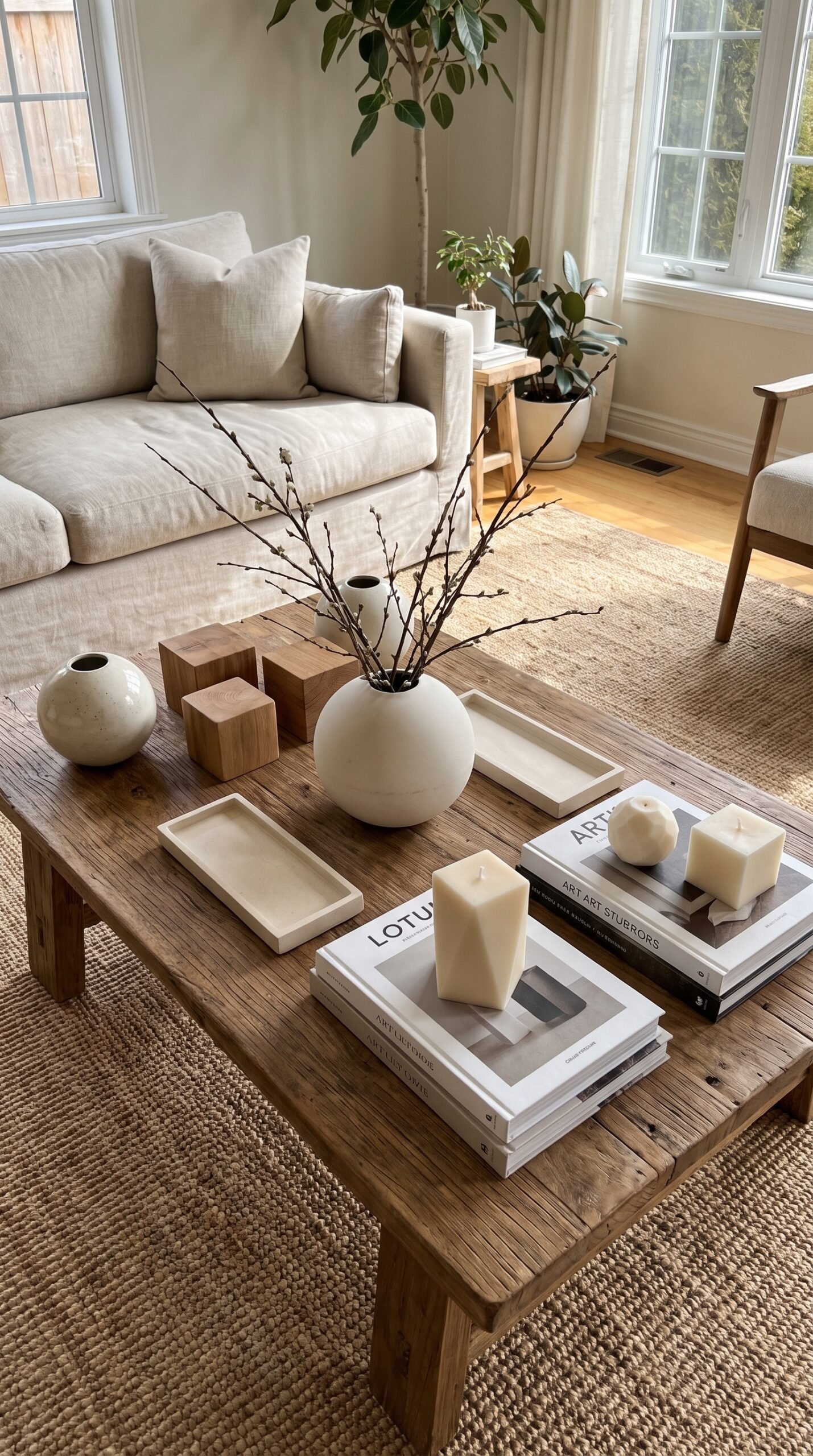 mix of round and square decor objects on a coffee table