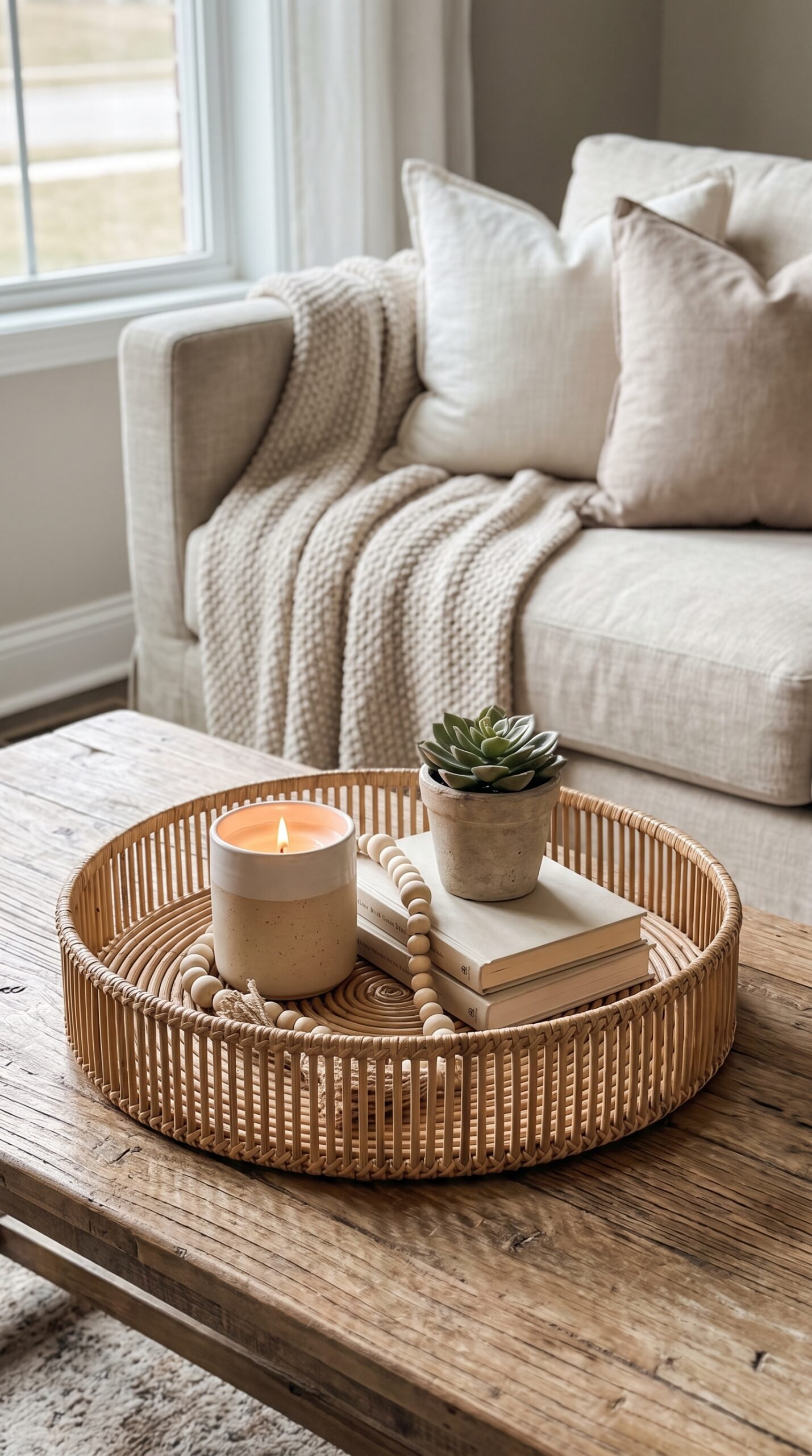 round decorative tray on a coffee table with decor