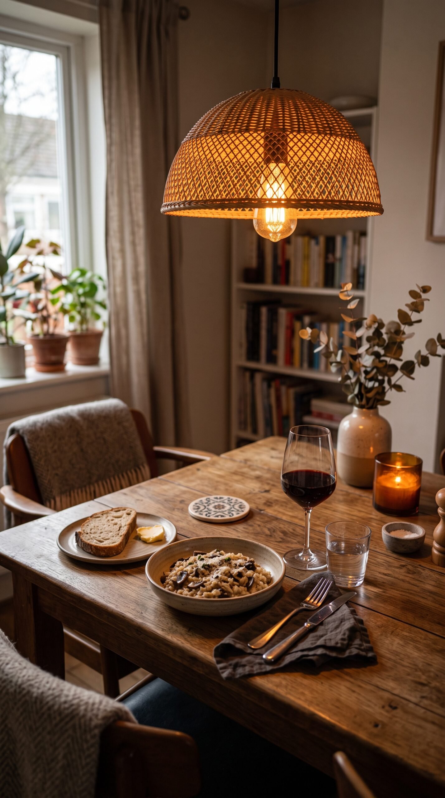 dining table under warm dimmed pendant light