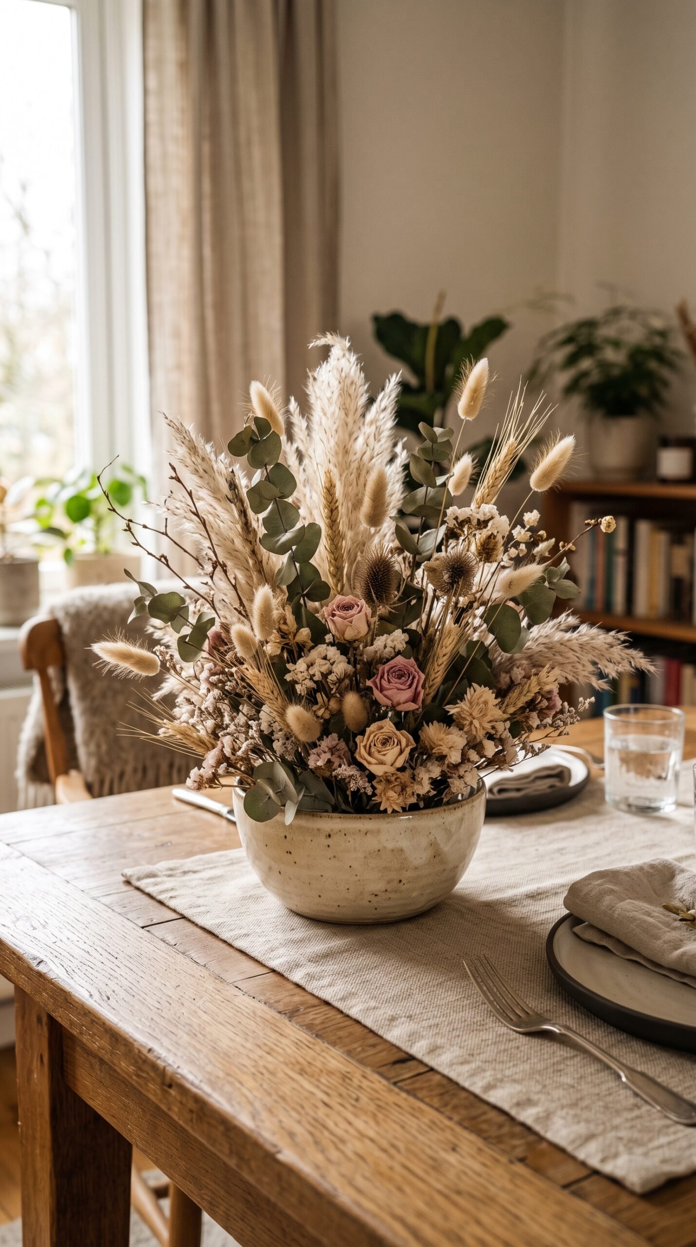 dried floral centerpiece in a low bowl on a dining table