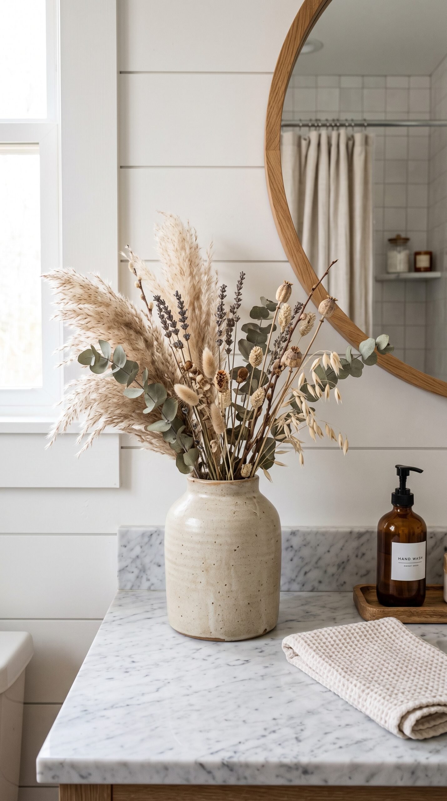 dried floral stems in a vase on a bathroom counter