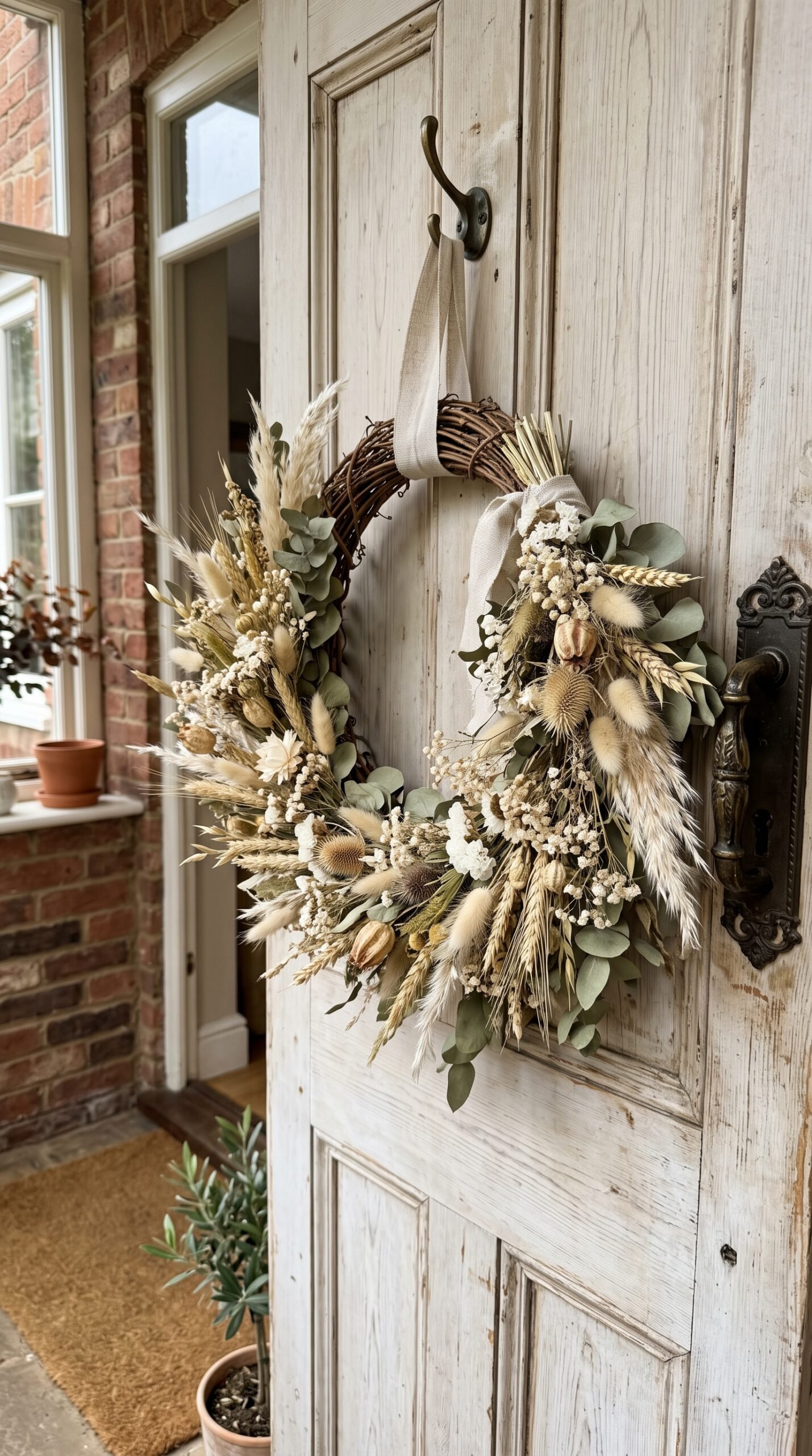 neutral dried floral wreath on a door