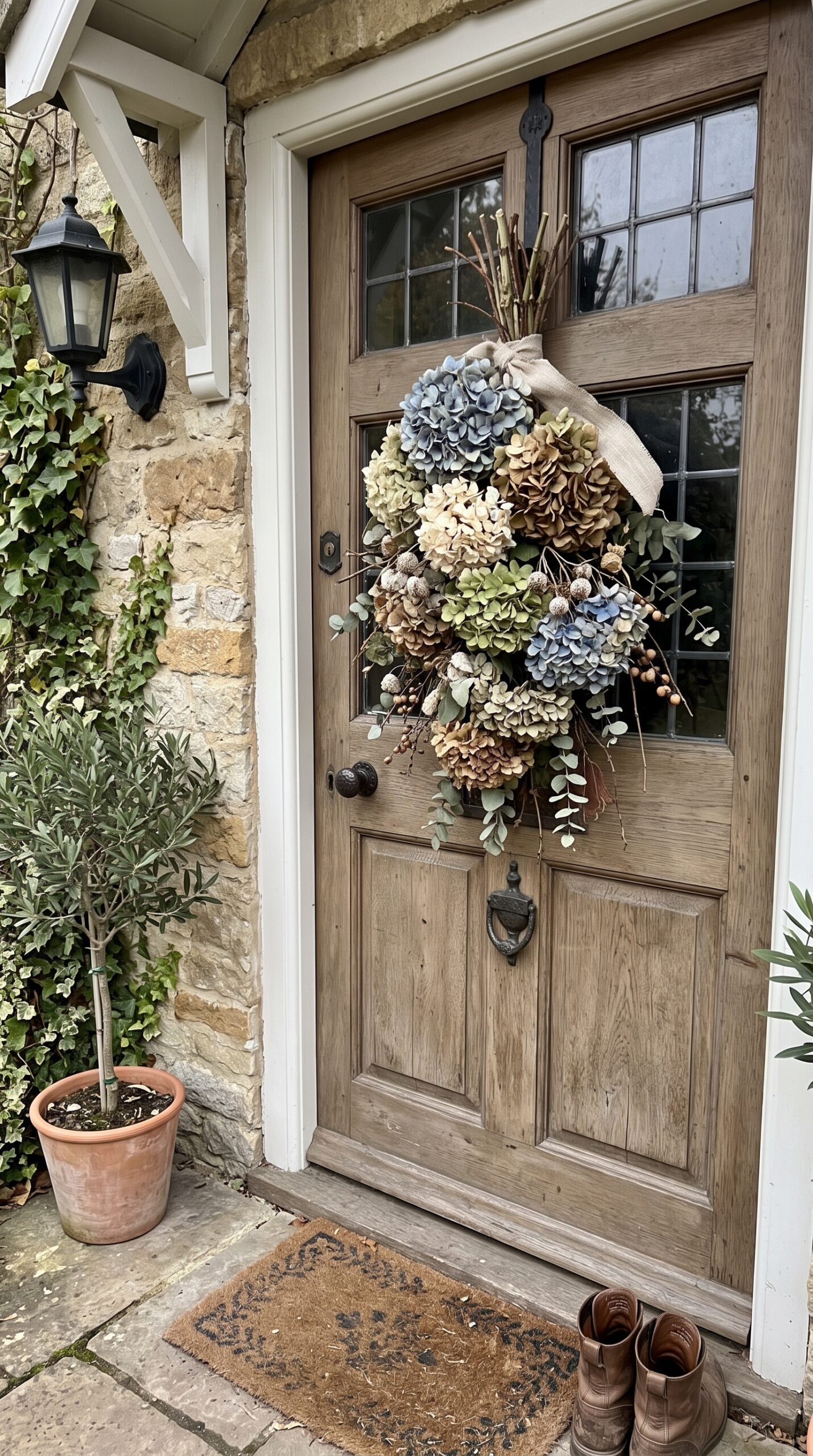 dried hydrangea swag on a front door