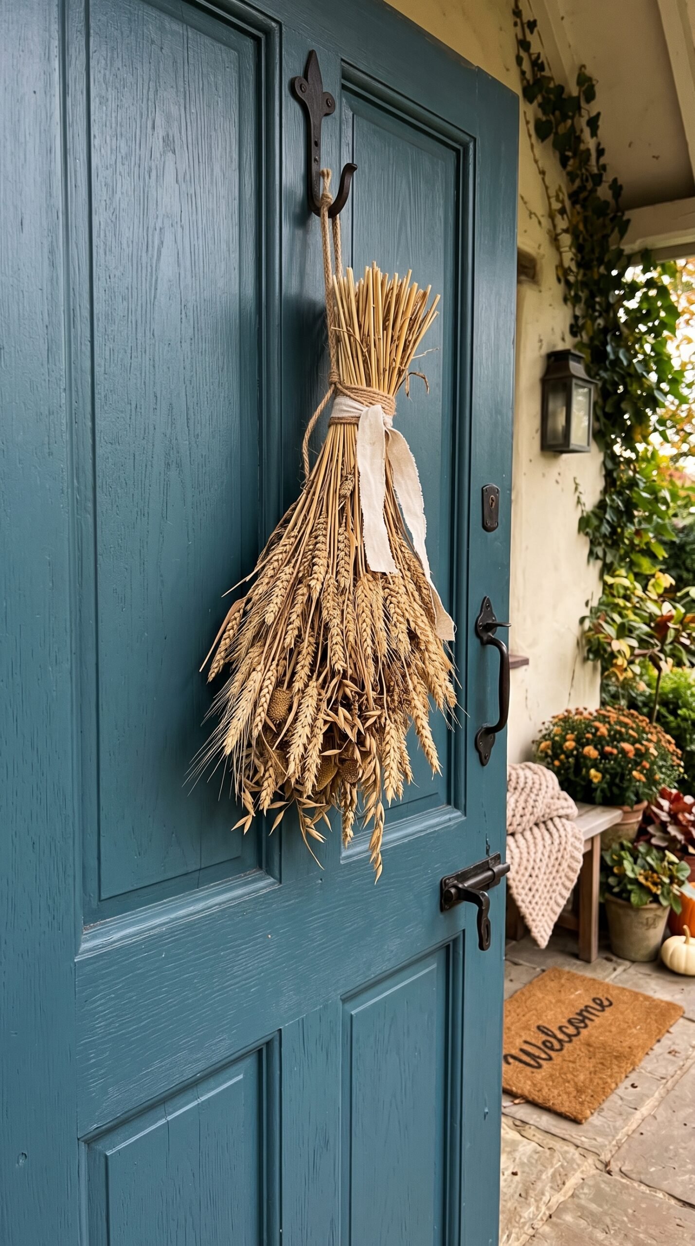 dried wheat bundle hung on a front door