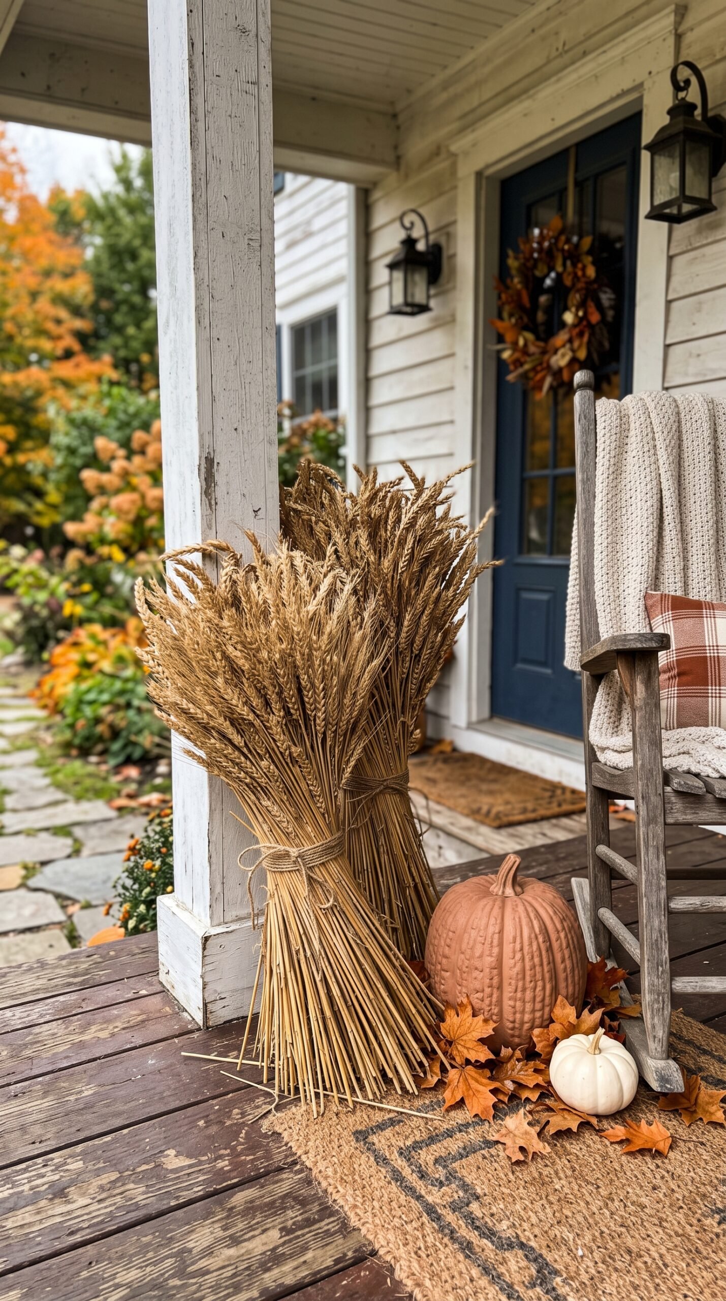 dried wheat bundles on a front porch