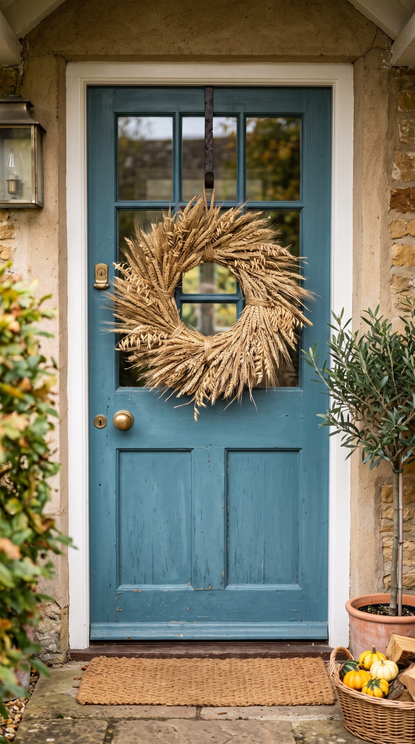 dried wheat wreath on a front door