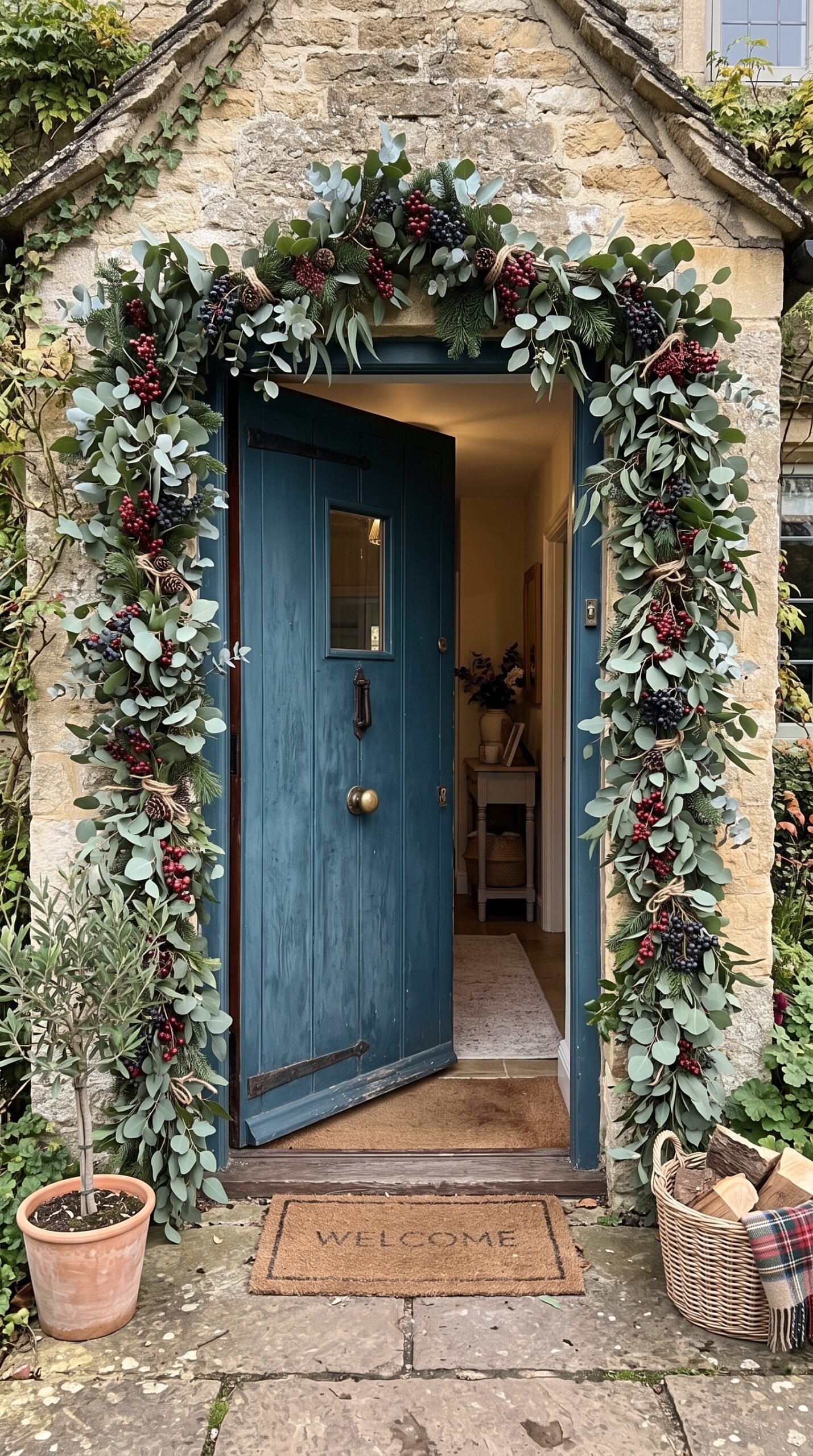 eucalyptus and berry garland around a door