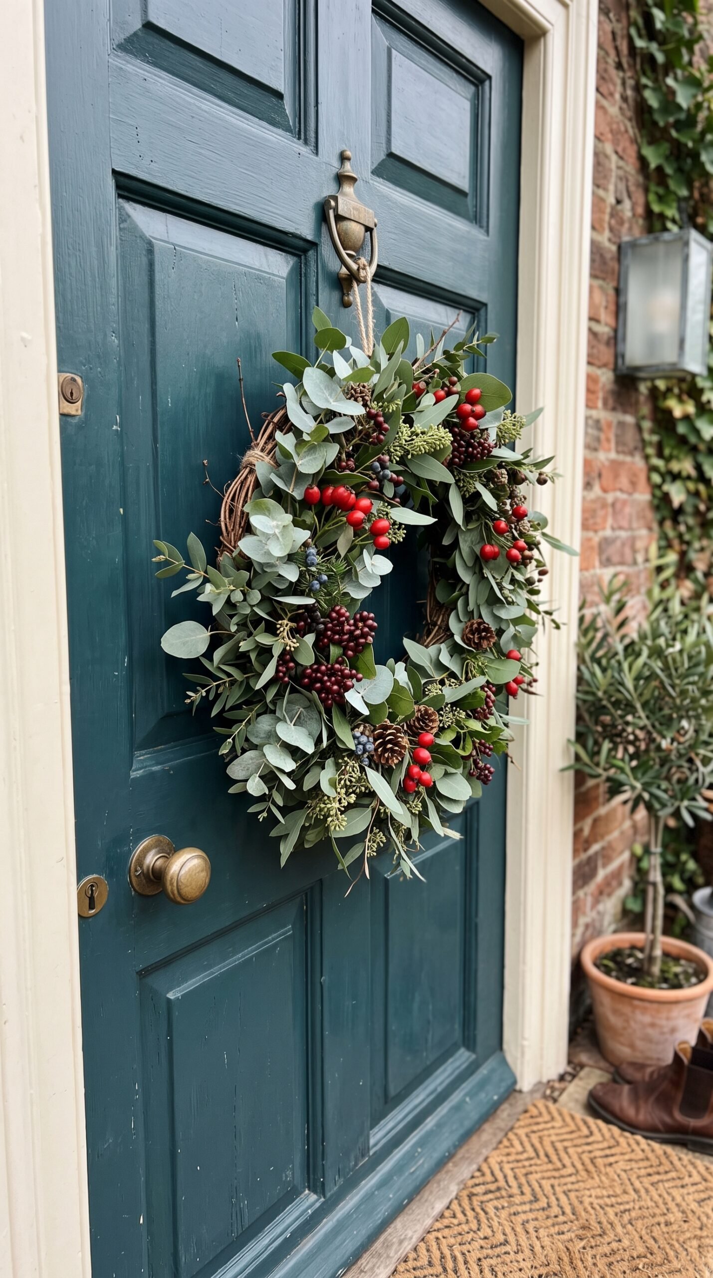 eucalyptus and berry wreath on a door